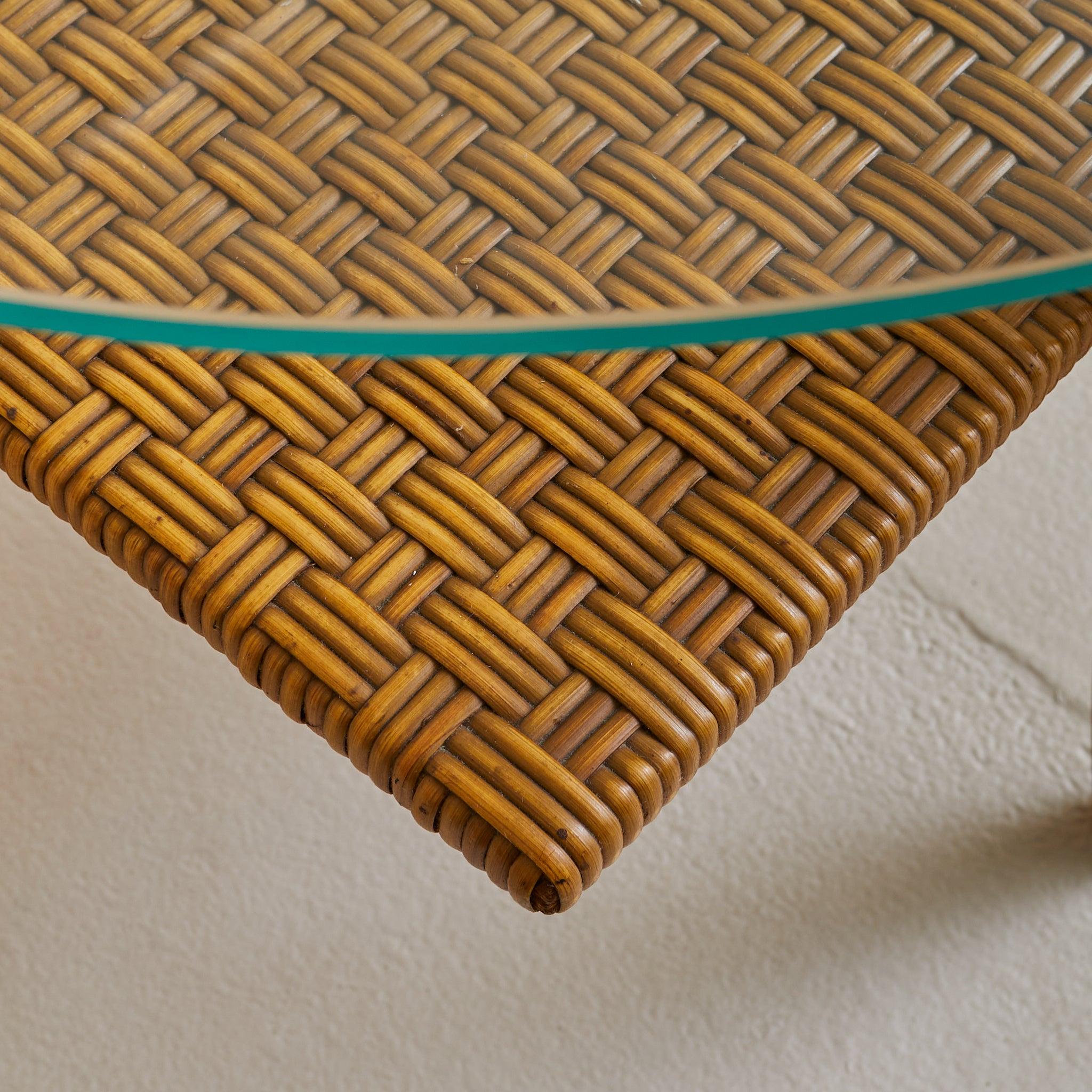Italian Wood + Rattan Coffee Table with Glass Top, 1960s In Good Condition For Sale In Chicago, IL
