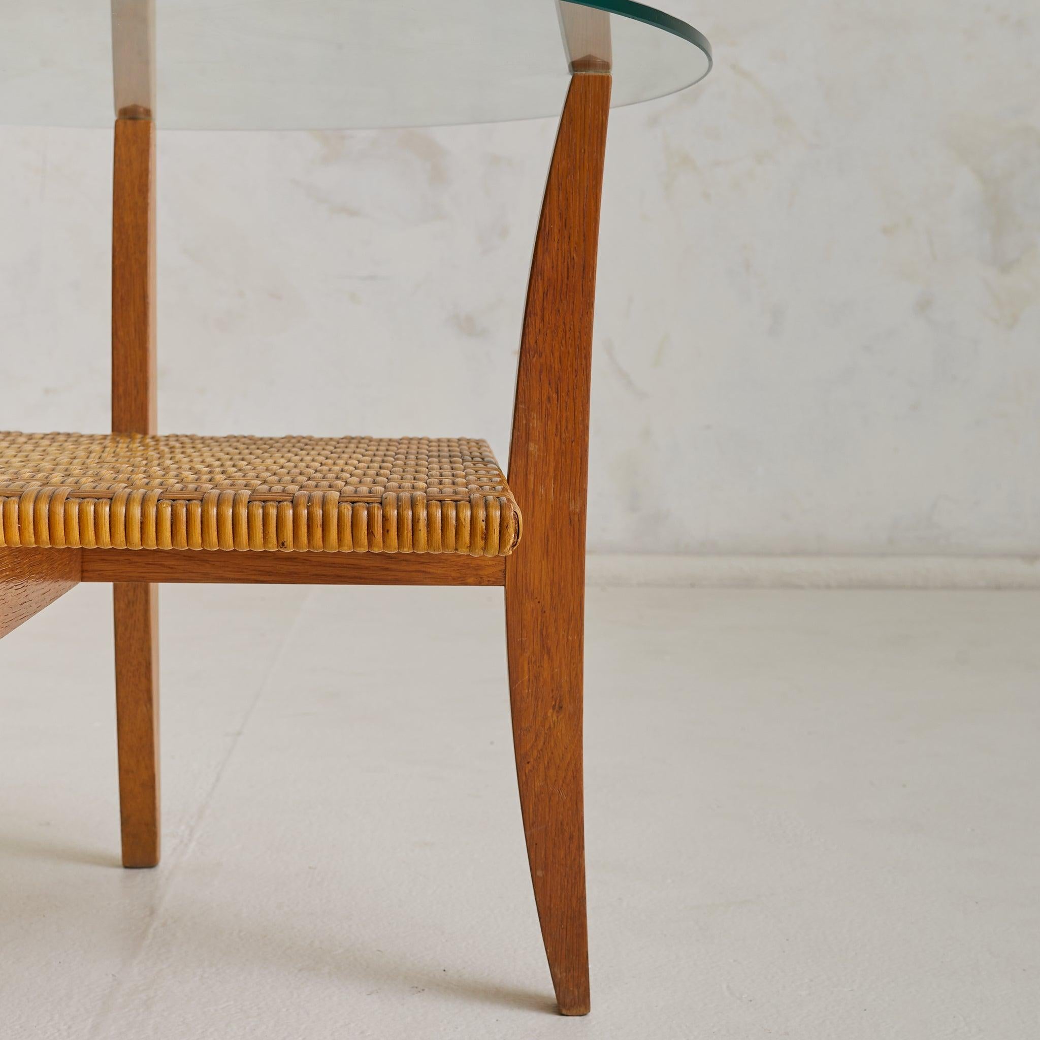 Mid-20th Century Italian Wood + Rattan Coffee Table with Glass Top, 1960s For Sale