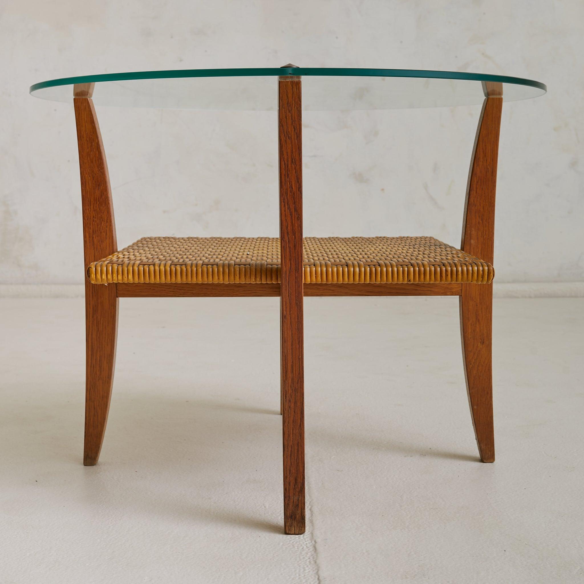 Italian Wood + Rattan Coffee Table with Glass Top, 1960s For Sale 1