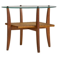 Italian Wood + Rattan Coffee Table with Glass Top, 1960s