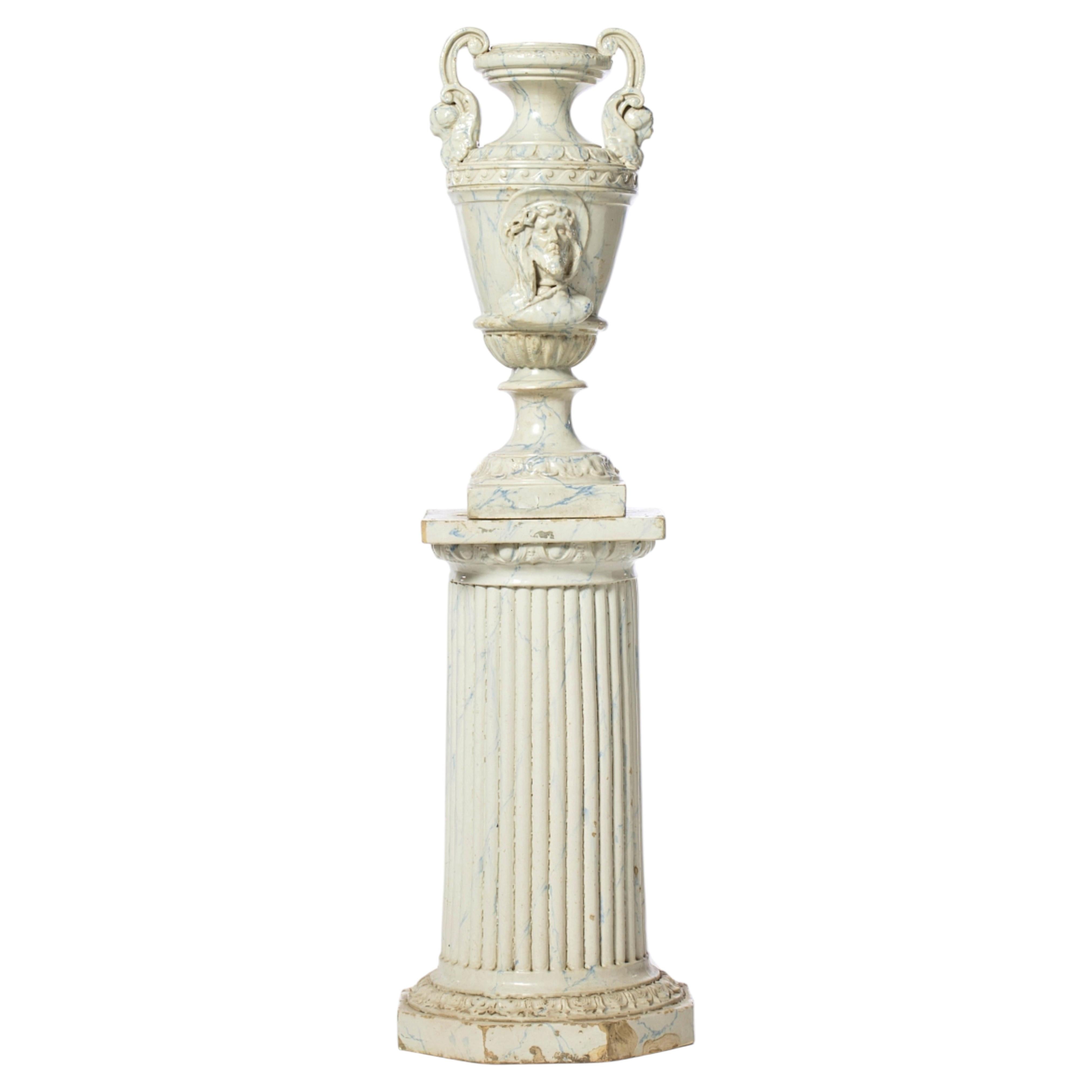 Italian Woodcarving with Faience Column, 19th century. For Sale