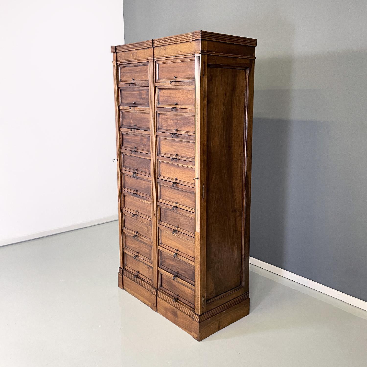 Mid-20th Century Italian wooden and brass office archive dresser with twenty drawers, 1940s For Sale