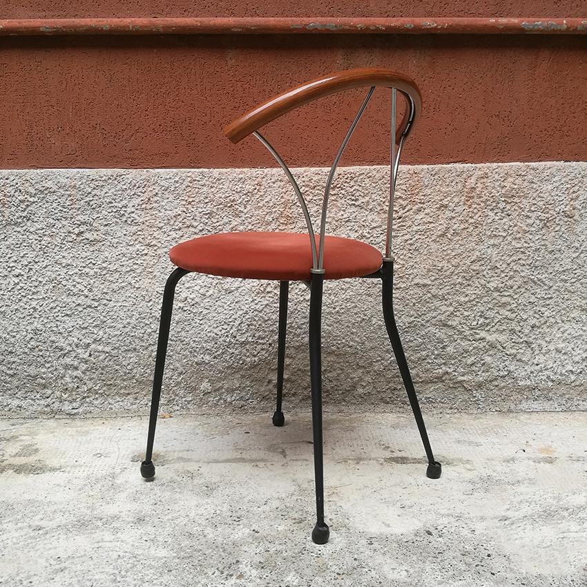 Italian Wooden and Chromed Metal Chair, 1980s In Excellent Condition In MIlano, IT
