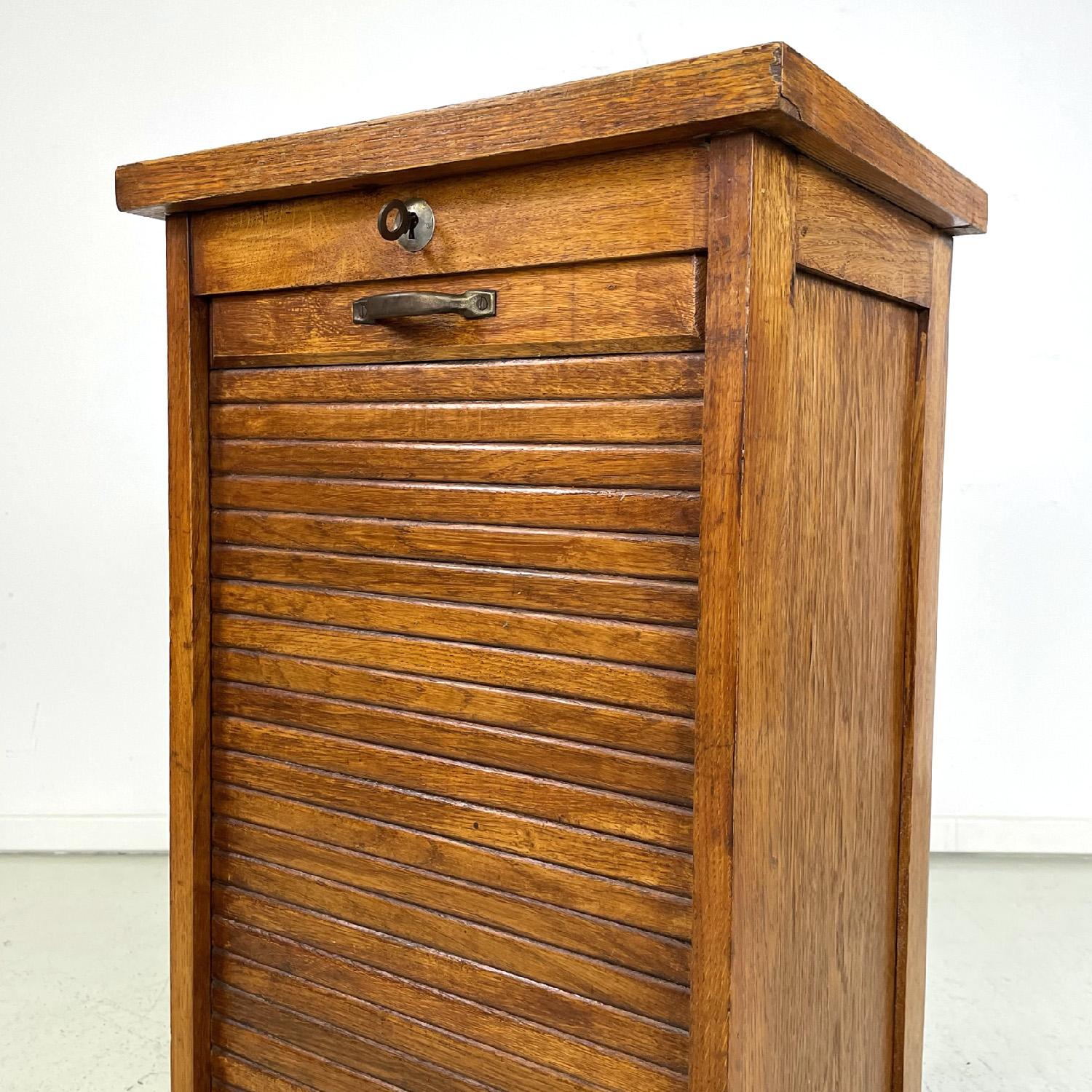 Italian wooden archive cabinet with a shutter opening and metal handle, 1940s For Sale 2