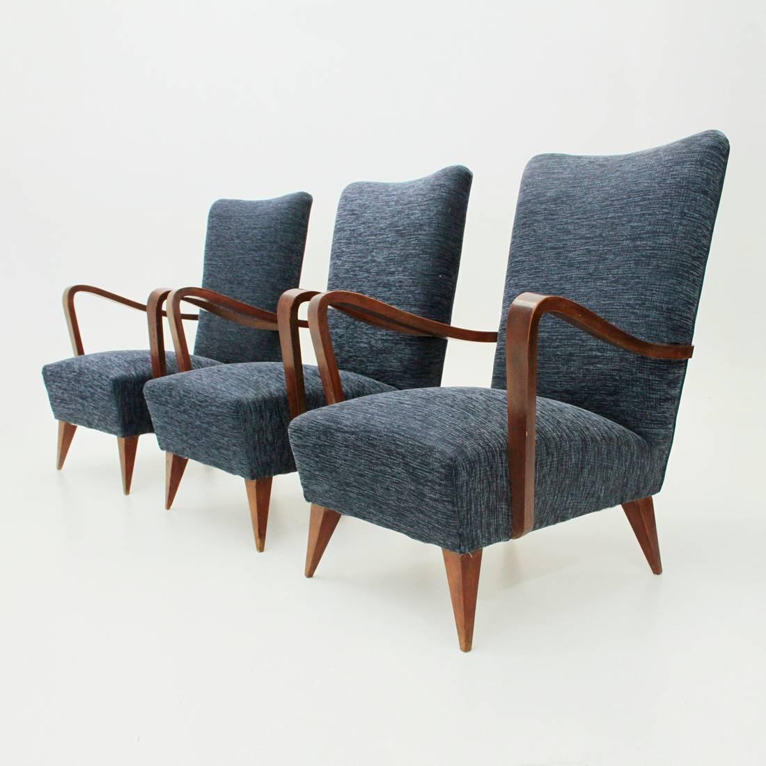Fabric Italian Wooden Armrest Armchair, 1940s, Set of Three For Sale