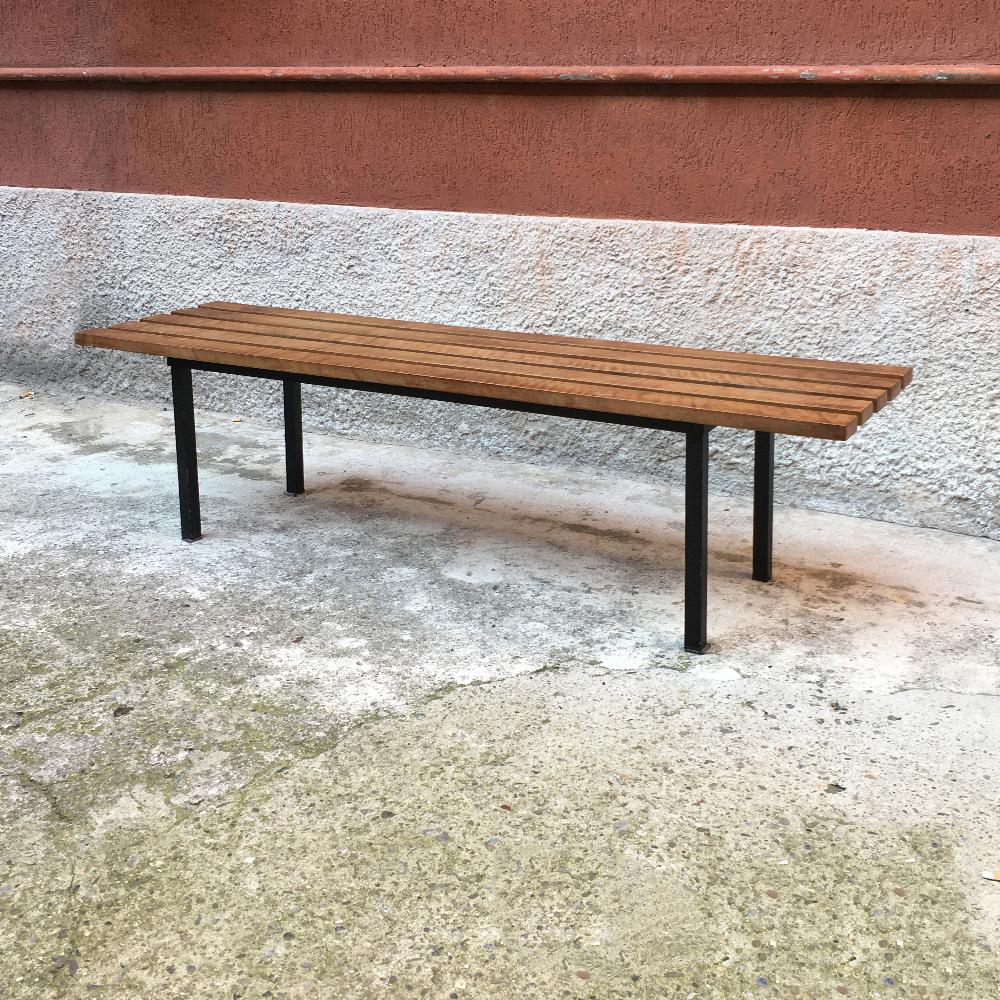 Mid-Century Modern Italian Wooden Bench with Metal Structure and Brass Tips, 1950s