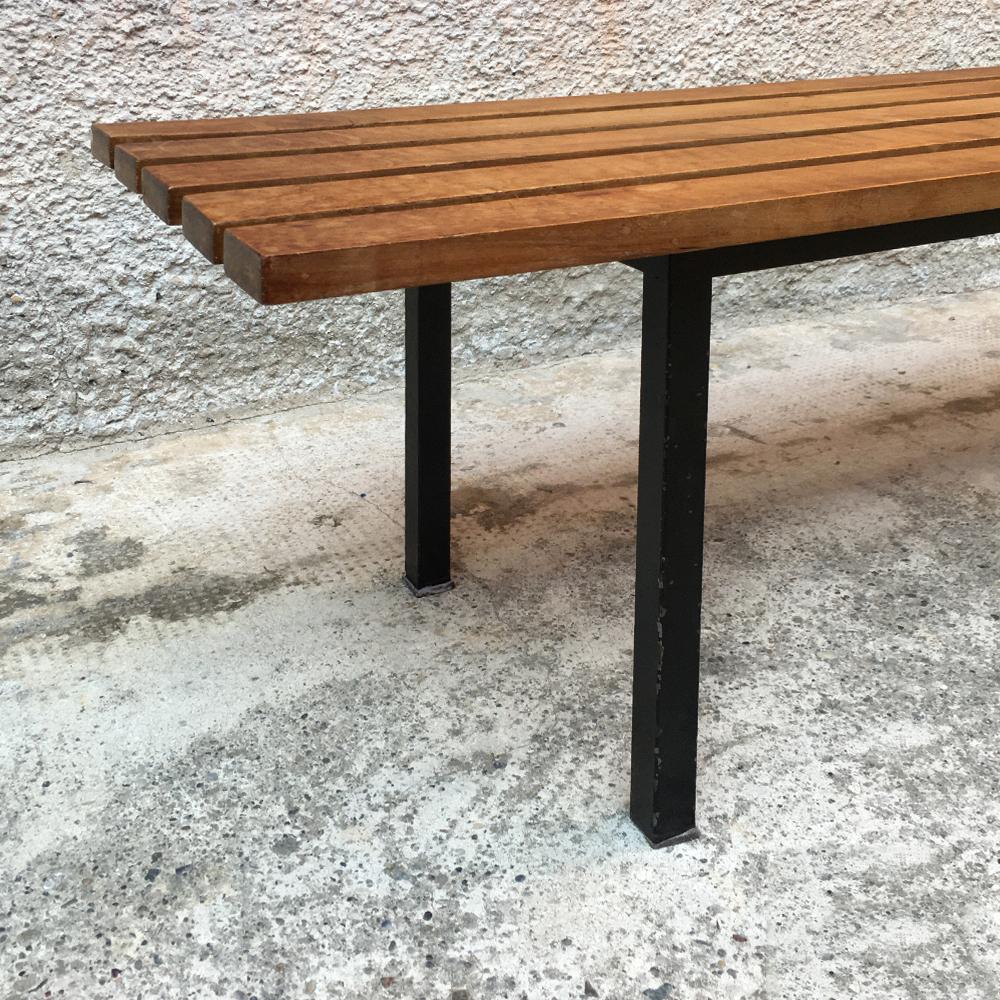 Italian Wooden Bench with Metal Structure and Brass Tips, 1950s In Good Condition In MIlano, IT