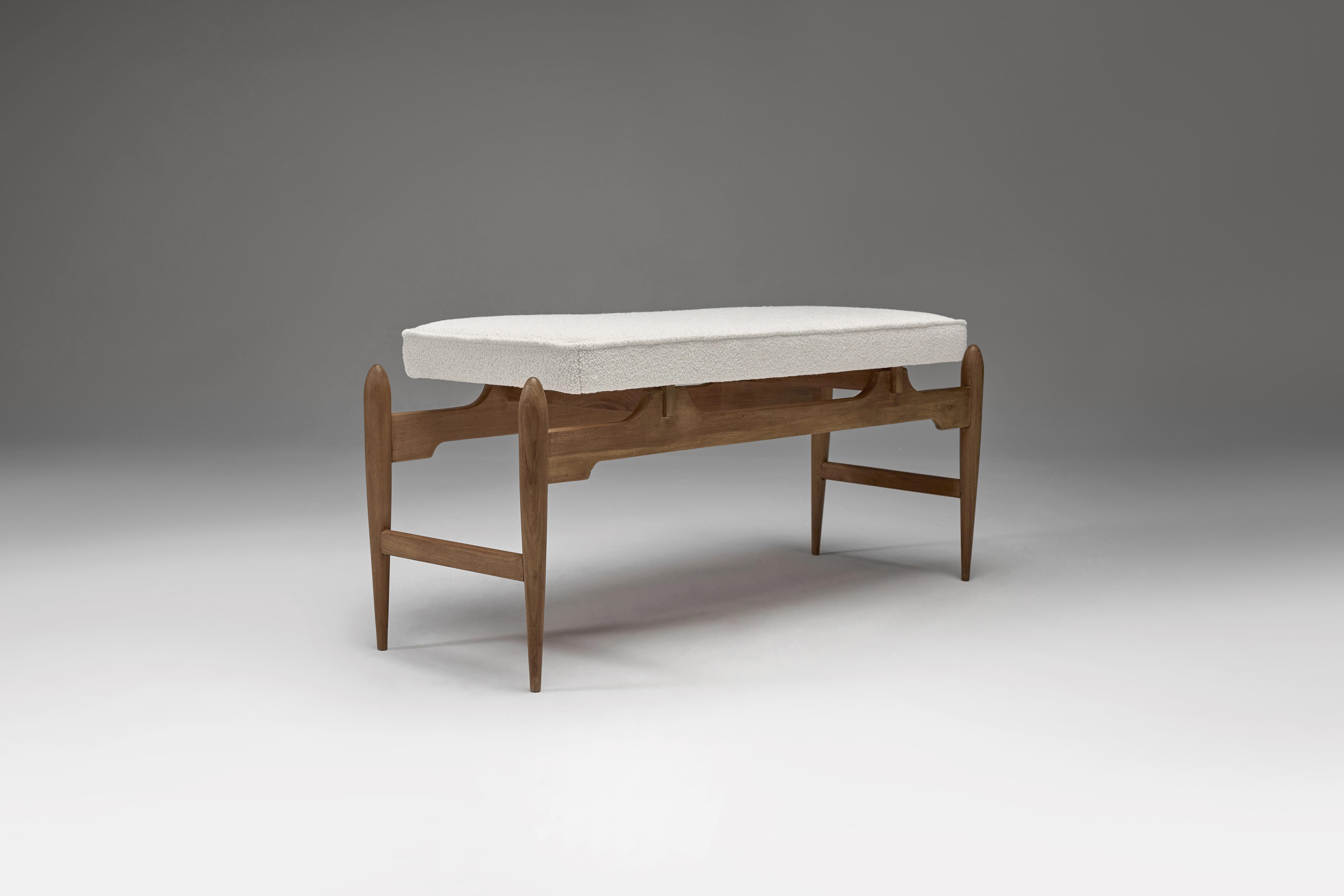 Decorative Italian vintage bench consists of two elements, an upholstered seat that floats on a beautiful solid wood frame. The entire wooden structure, despite the tapered legs, provides excellent stability and support. The attractively visual