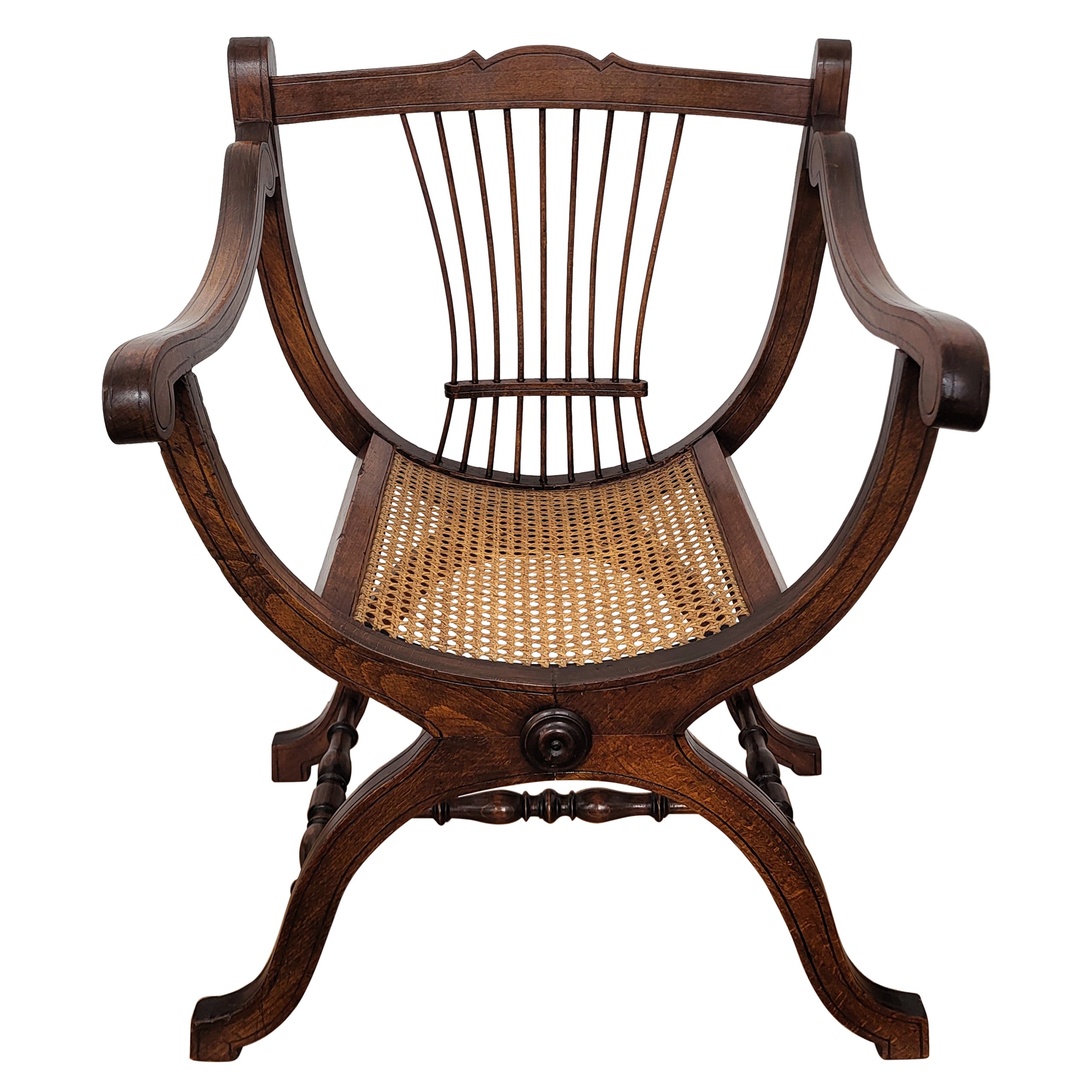 Italian Wooden Carved Caned Back Slatted Savonarola Design Arm Chairs