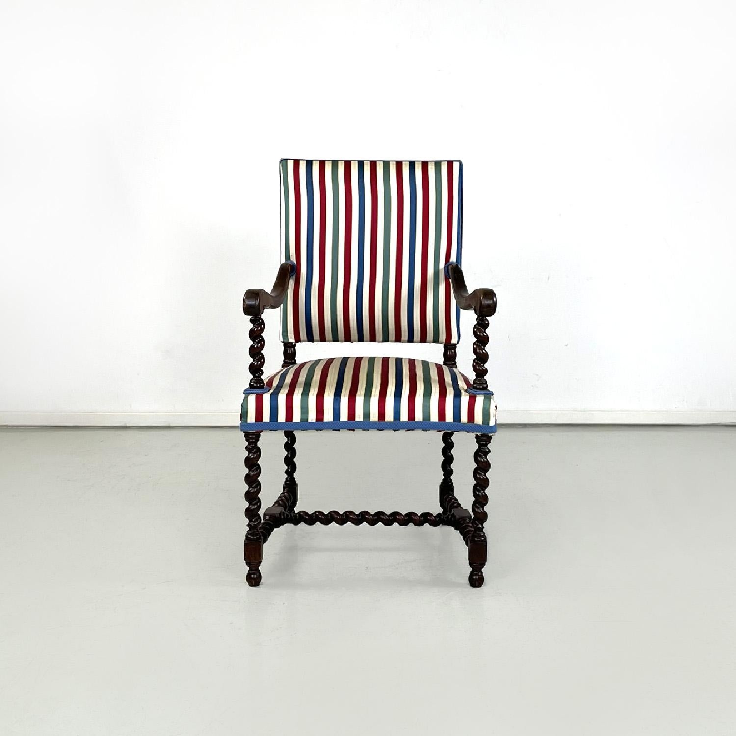 Italian wooden chair with armrests with colorful striped fabric, early 1900s
Armchair or high-back chair or table-head chair with armrests, with wooden structure. The seat and back are padded and covered in a silk-like fabric with white, red, blue