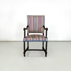 Italian wooden chair with armrests with colorful striped fabric, early 1900s