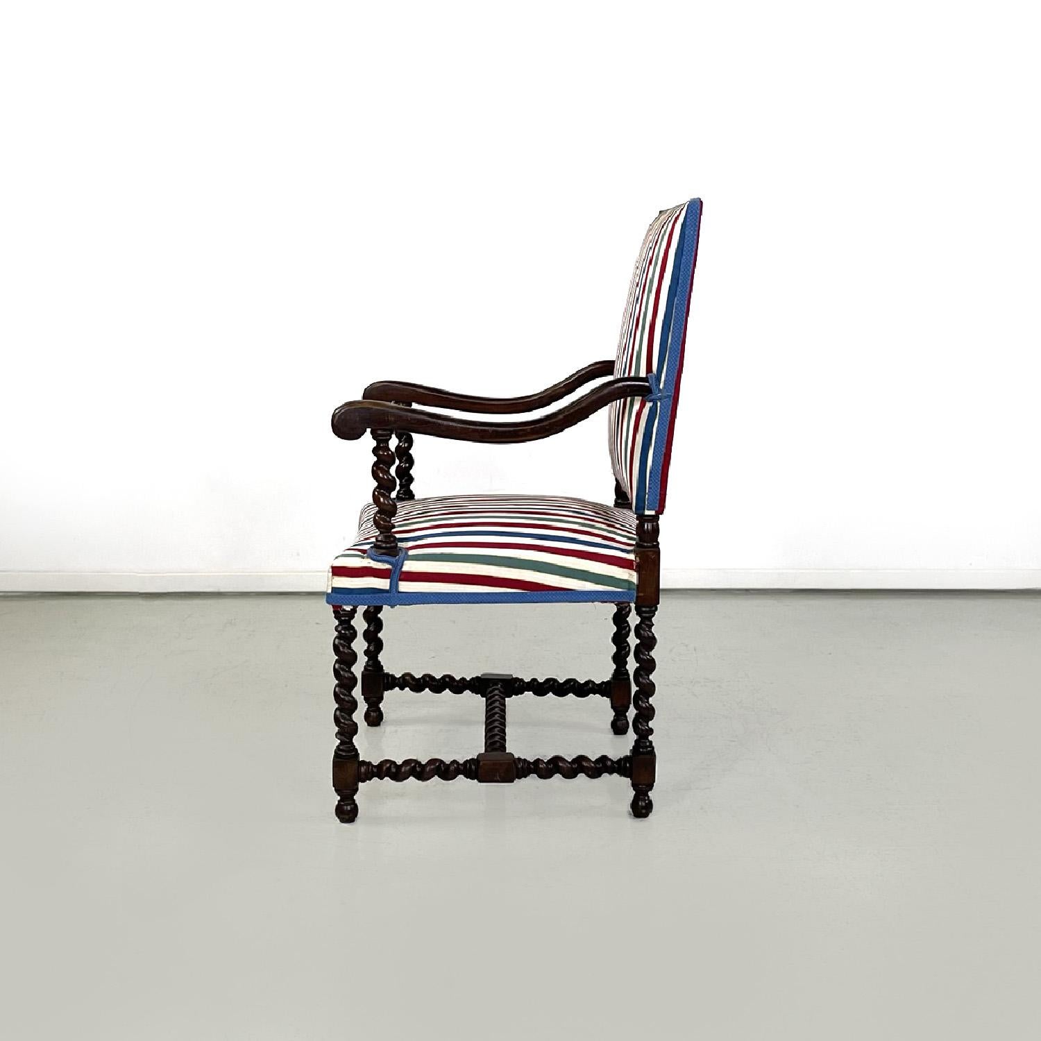 Italian wooden chair with armrests with colorful striped fabric, early 1900s In Fair Condition For Sale In MIlano, IT