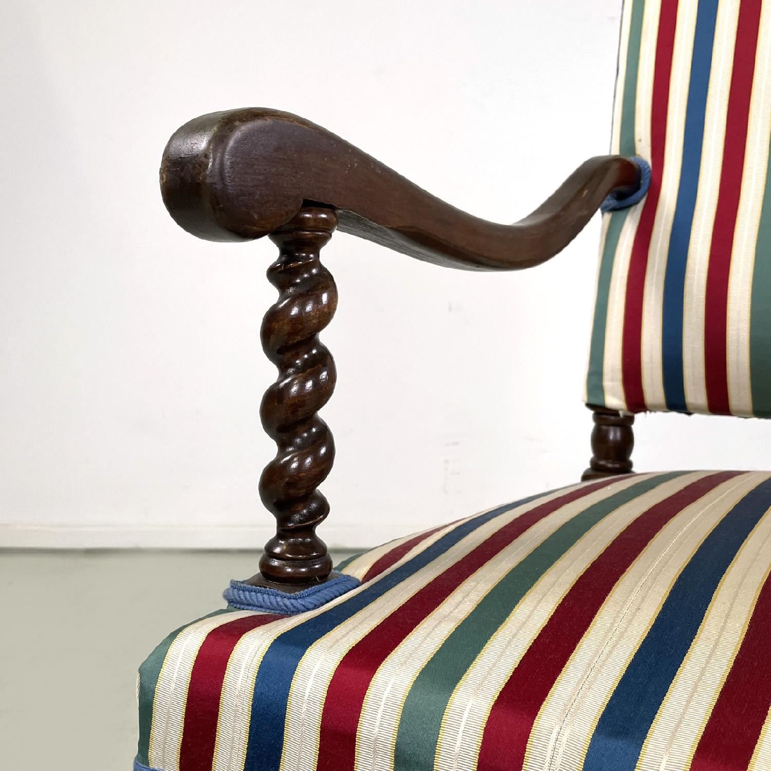 Fabric Italian wooden chair with armrests with colorful striped fabric, early 1900s For Sale