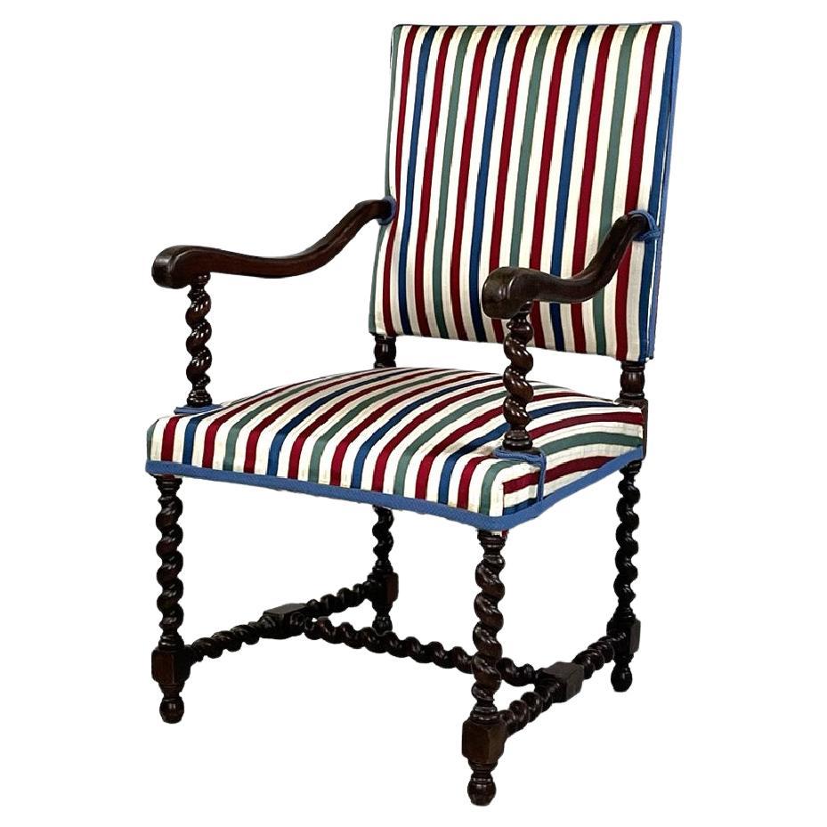 Italian wooden chair with armrests with colorful striped fabric, early 1900s For Sale