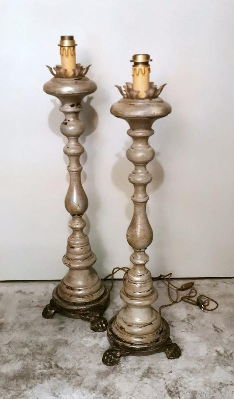 Medieval Italian Wooden Church Candlesticks in the Shape of a Torch Holder For Sale