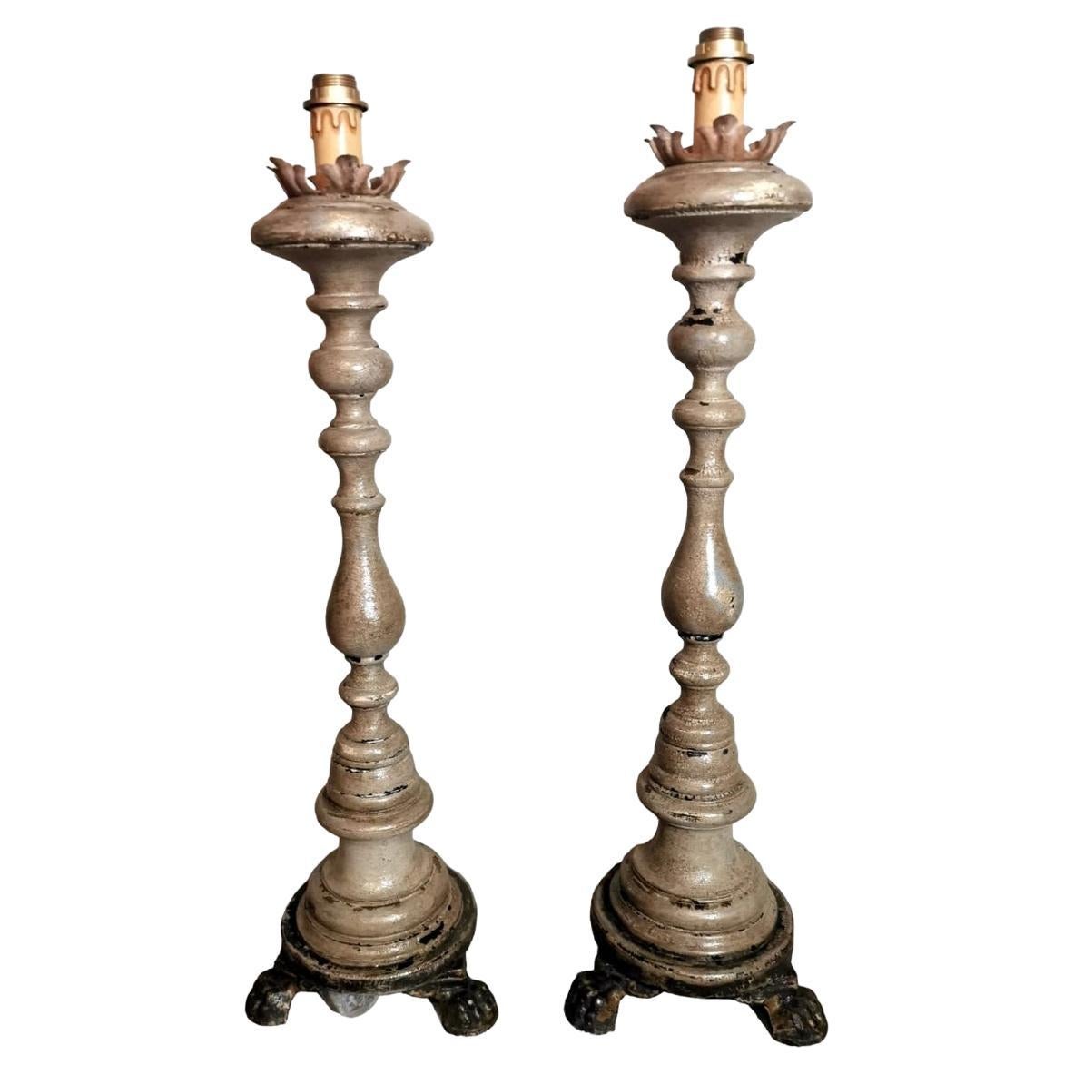 Italian Wooden Church Candlesticks in the Shape of a Torch Holder For Sale