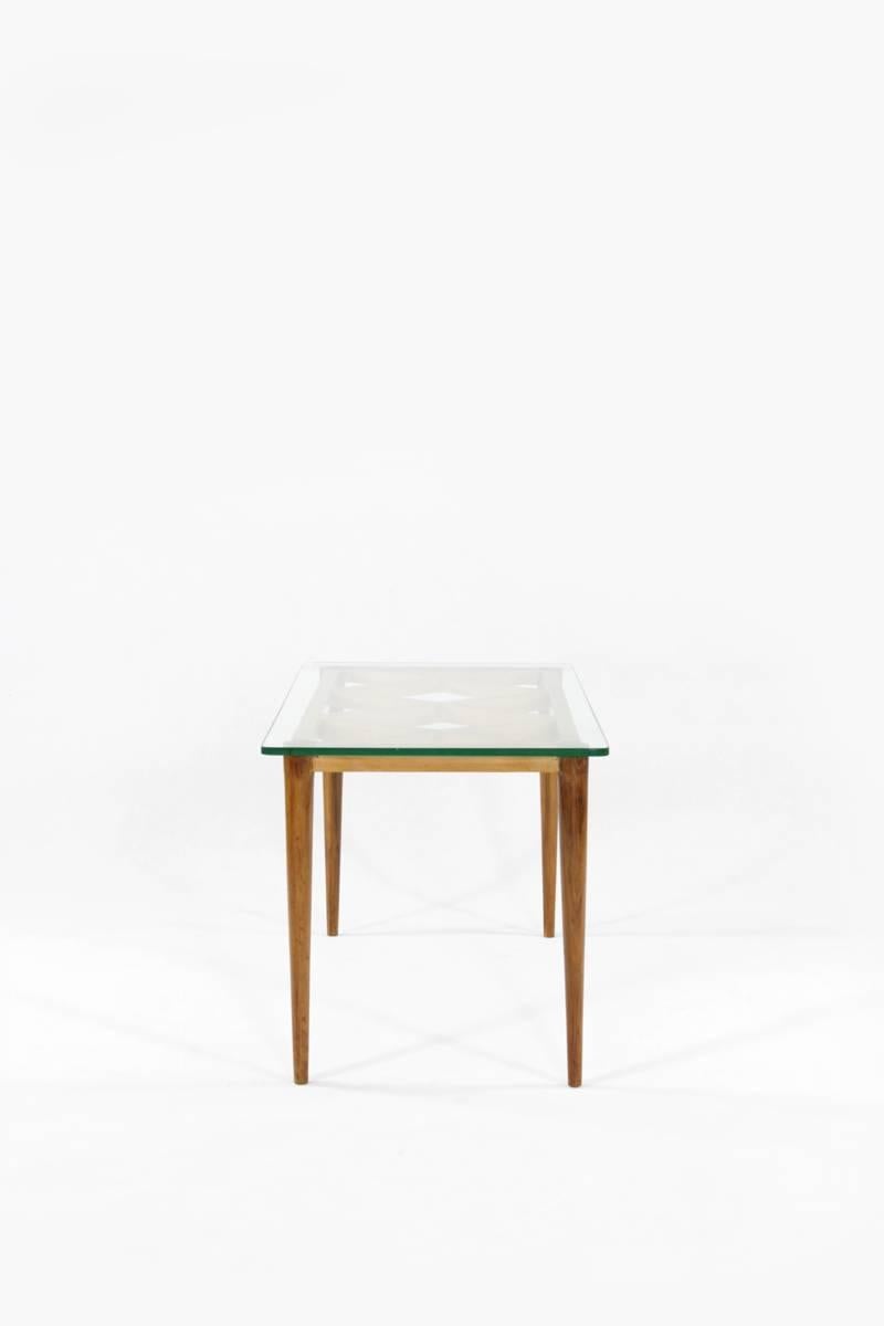 Mid-Century Modern Italian Wooden Coffee Table in Style of Paolo Buffa, Crystal Glass Top, 1950s For Sale