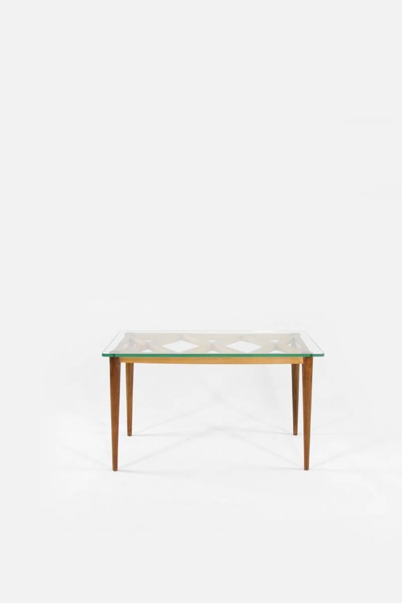 European Italian Wooden Coffee Table in Style of Paolo Buffa, Crystal Glass Top, 1950s For Sale