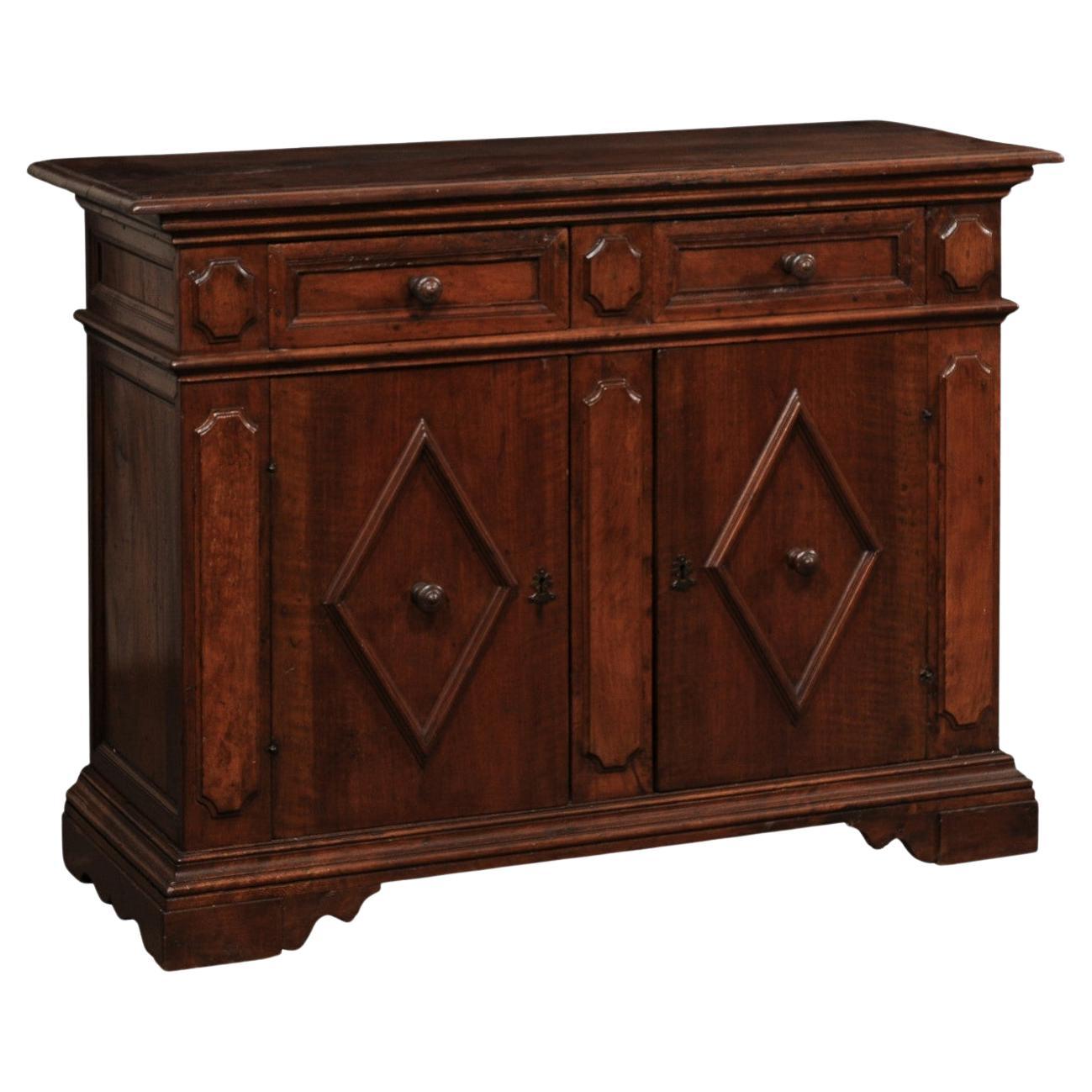 Italian Wooden Credenza Console w/Diamond Panel Doors, Mid 19th C For Sale