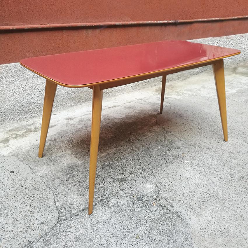 Mid-Century Modern Italian Wooden Dining Table with Pink Glass Top, 1960s