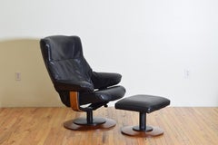 Italian Wooden & Flat Black Leather Upholstered Reclining Armchair & Ottoman