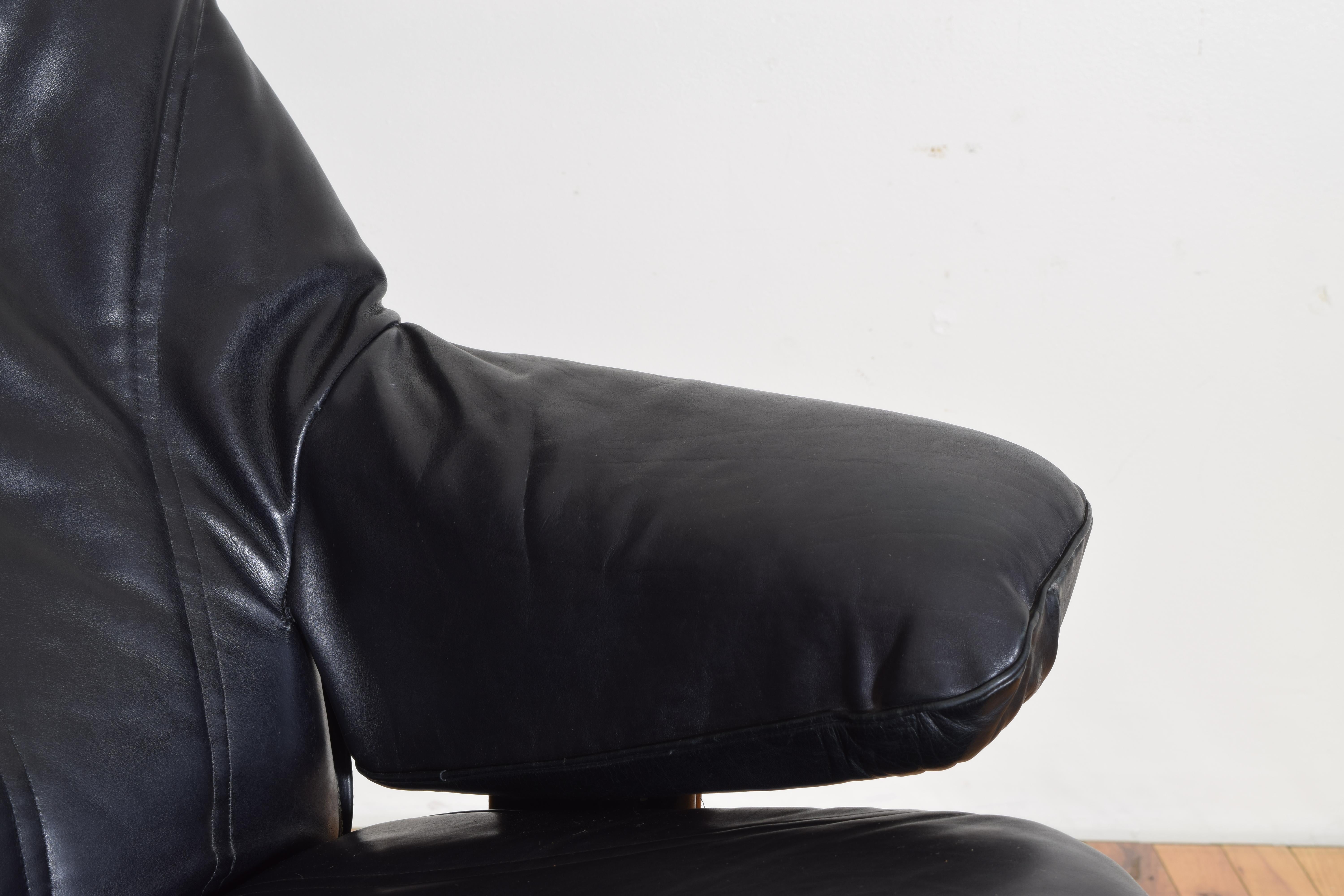 Italian Wooden & Flat Black Leather Upholstered Reclining Armchair & Ottoman 2