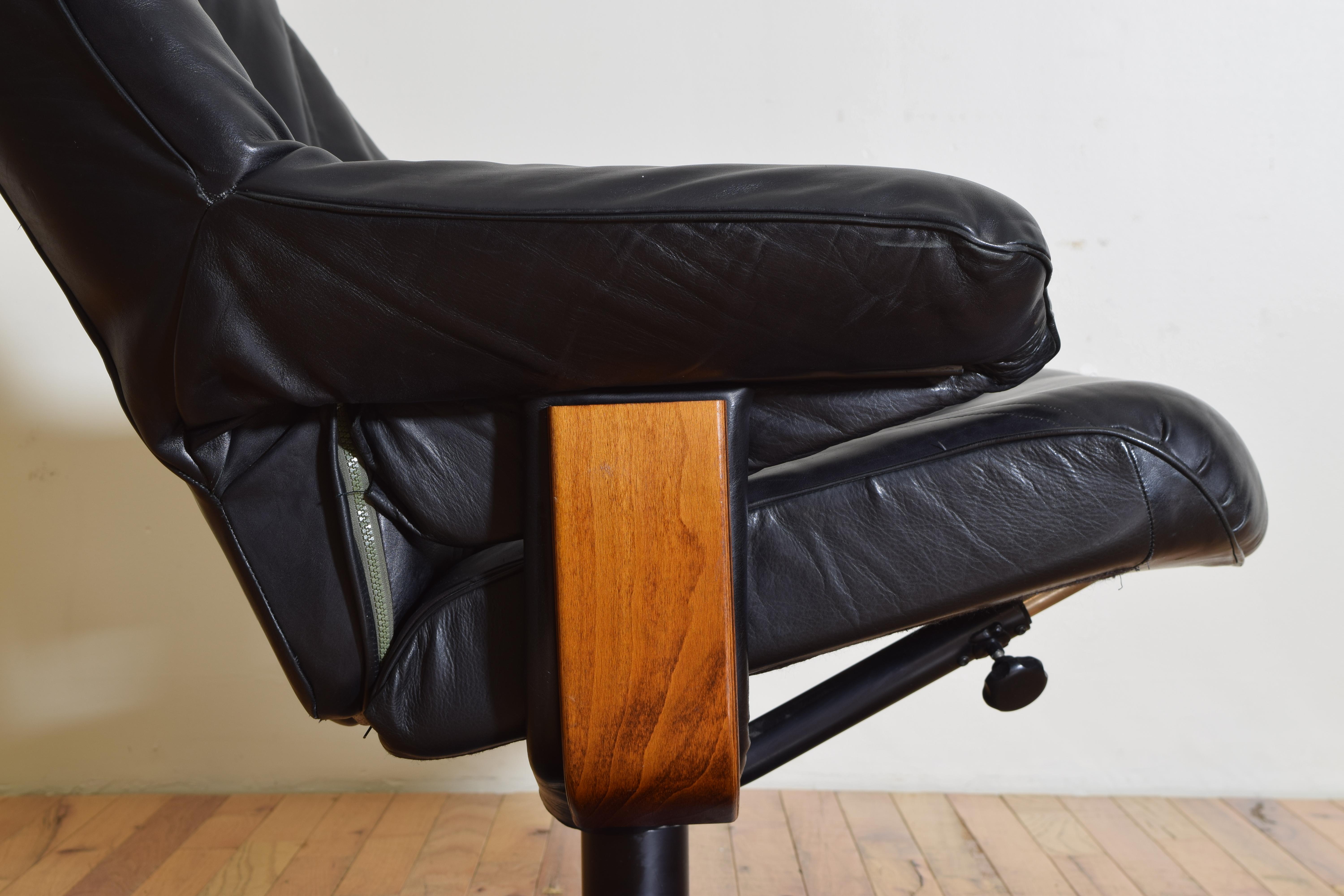 Italian Wooden & Flat Black Leather Upholstered Reclining Armchair & Ottoman 3