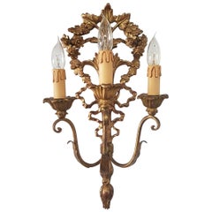 Italian Wooden Gilded Three-Light Wall Applique Louis Seize Style from the 1960s