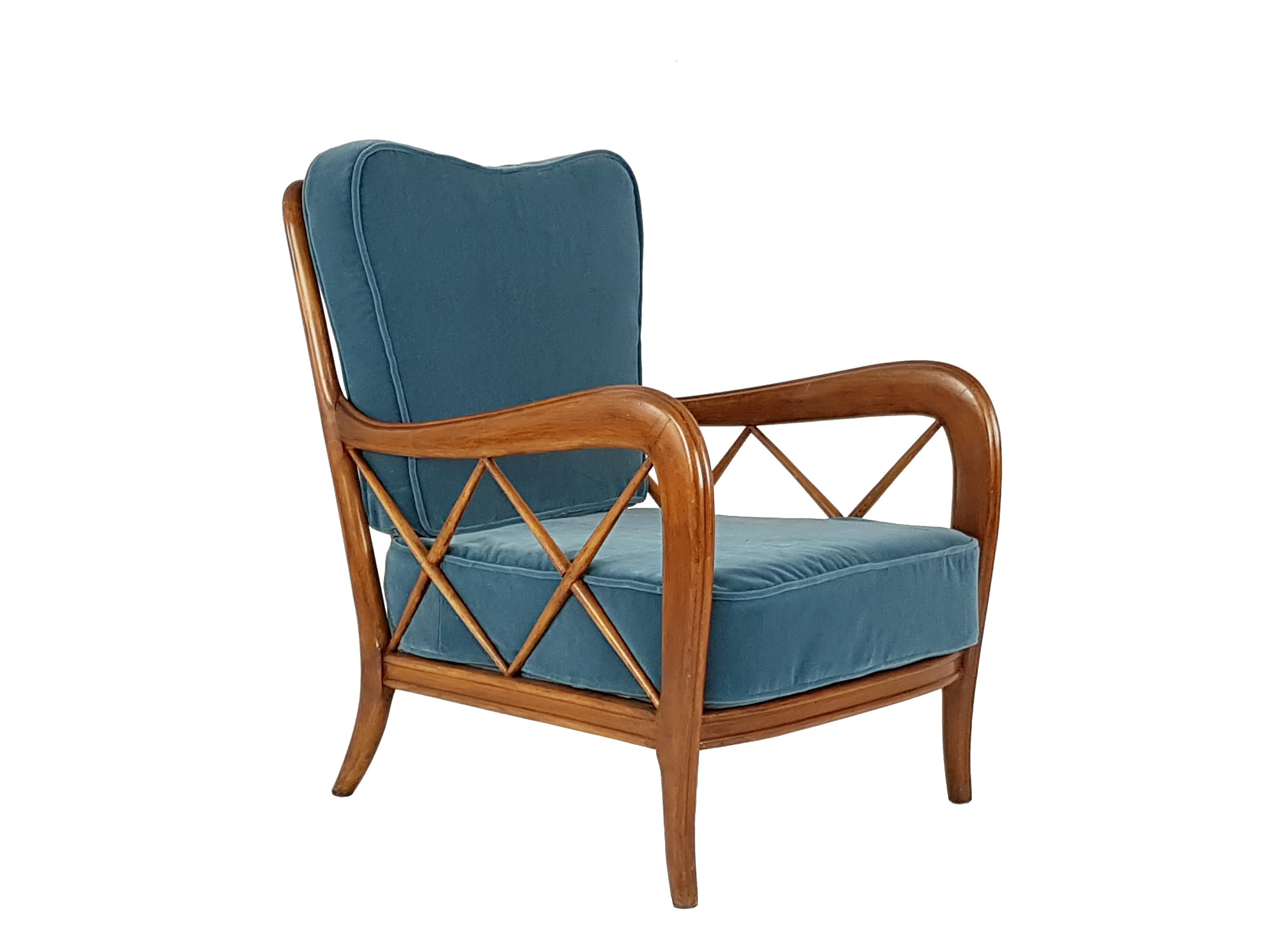 Mid-Century Modern Italian Wooden & Mid Blue Velvet 1940s Armchair Attributed to Paolo Buffa