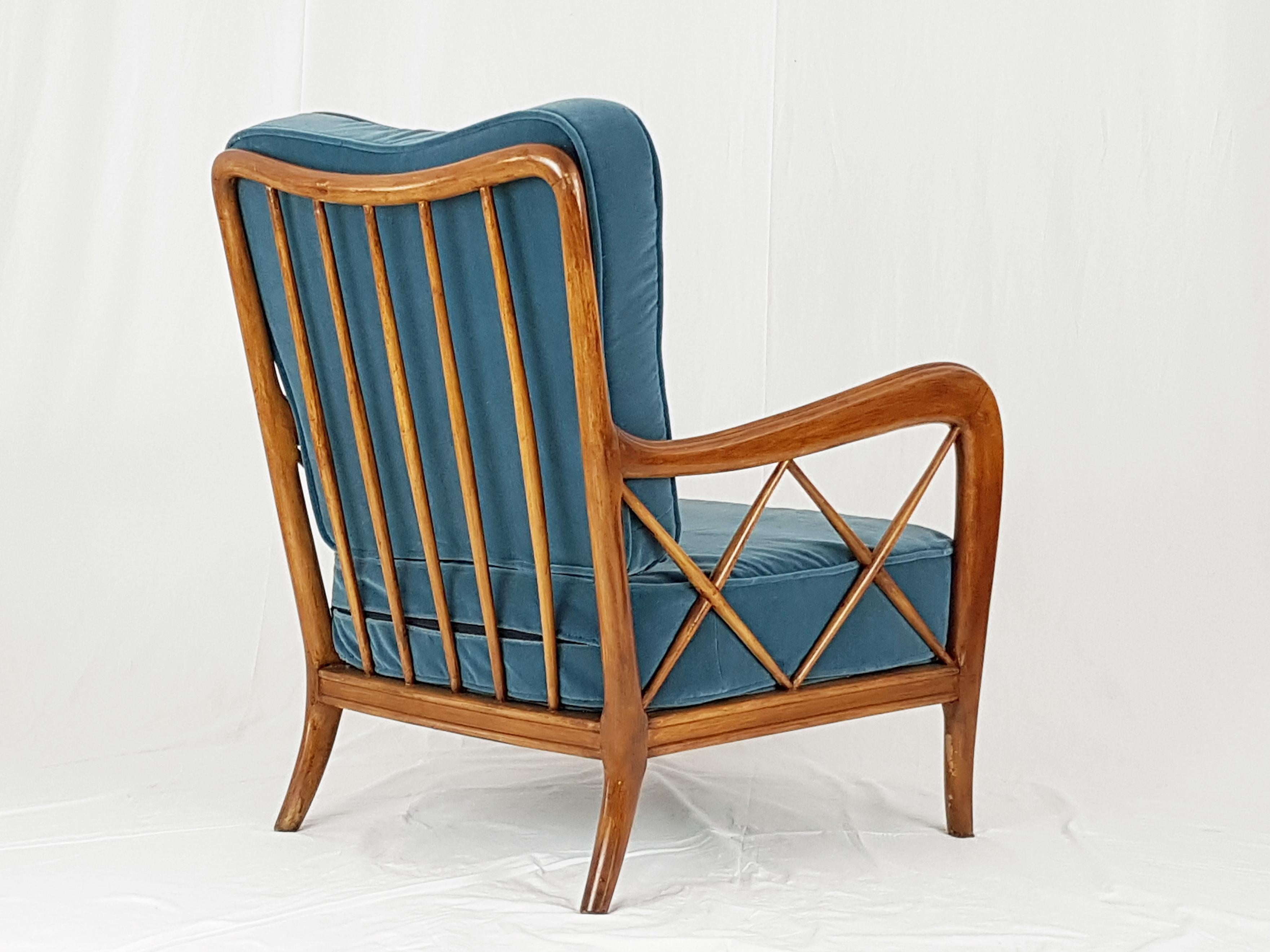 Mid-20th Century Italian Wooden & Mid Blue Velvet 1940s Armchair Attributed to Paolo Buffa