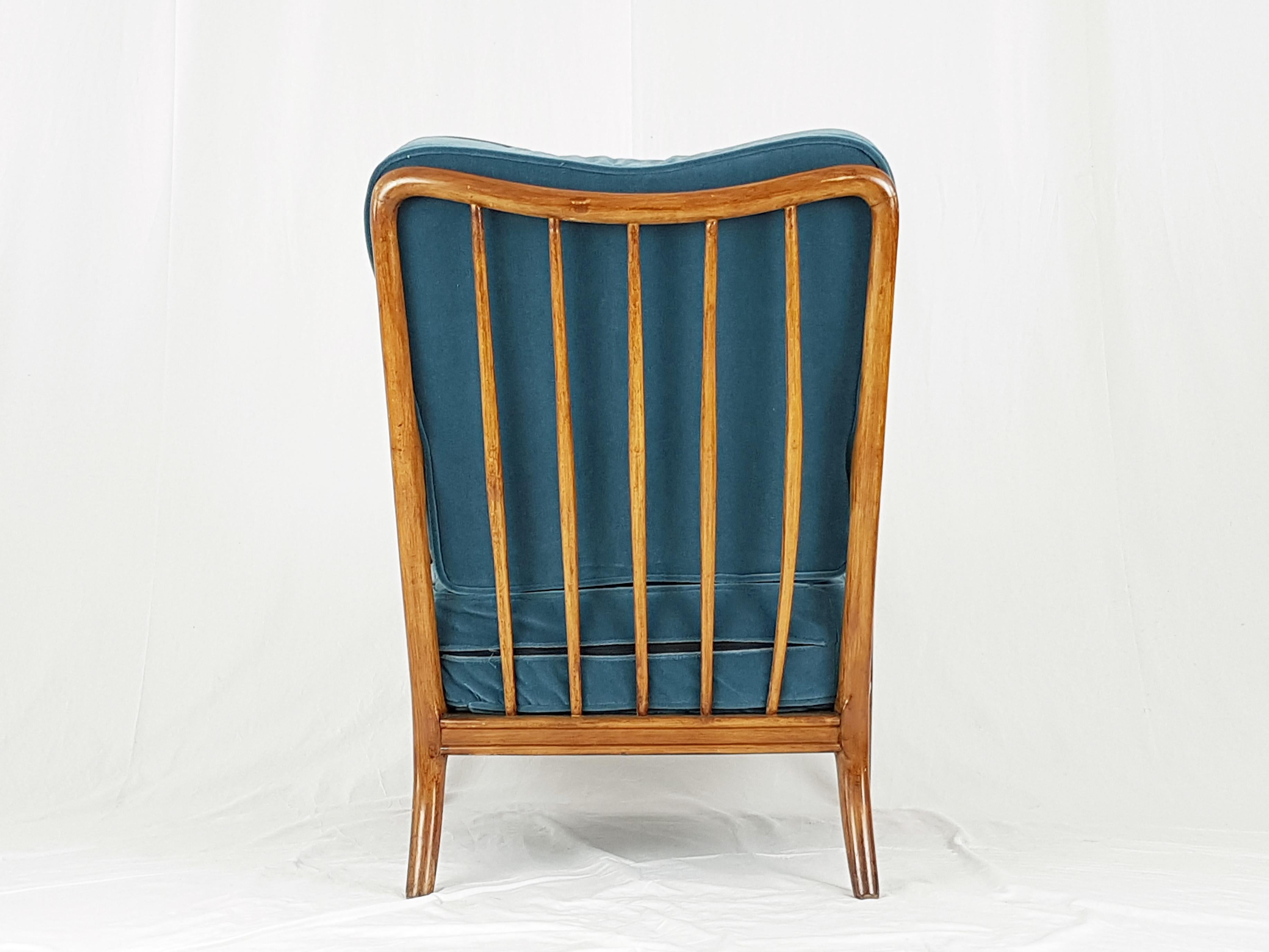 Italian Wooden & Mid Blue Velvet 1940s Armchair Attributed to Paolo Buffa 1