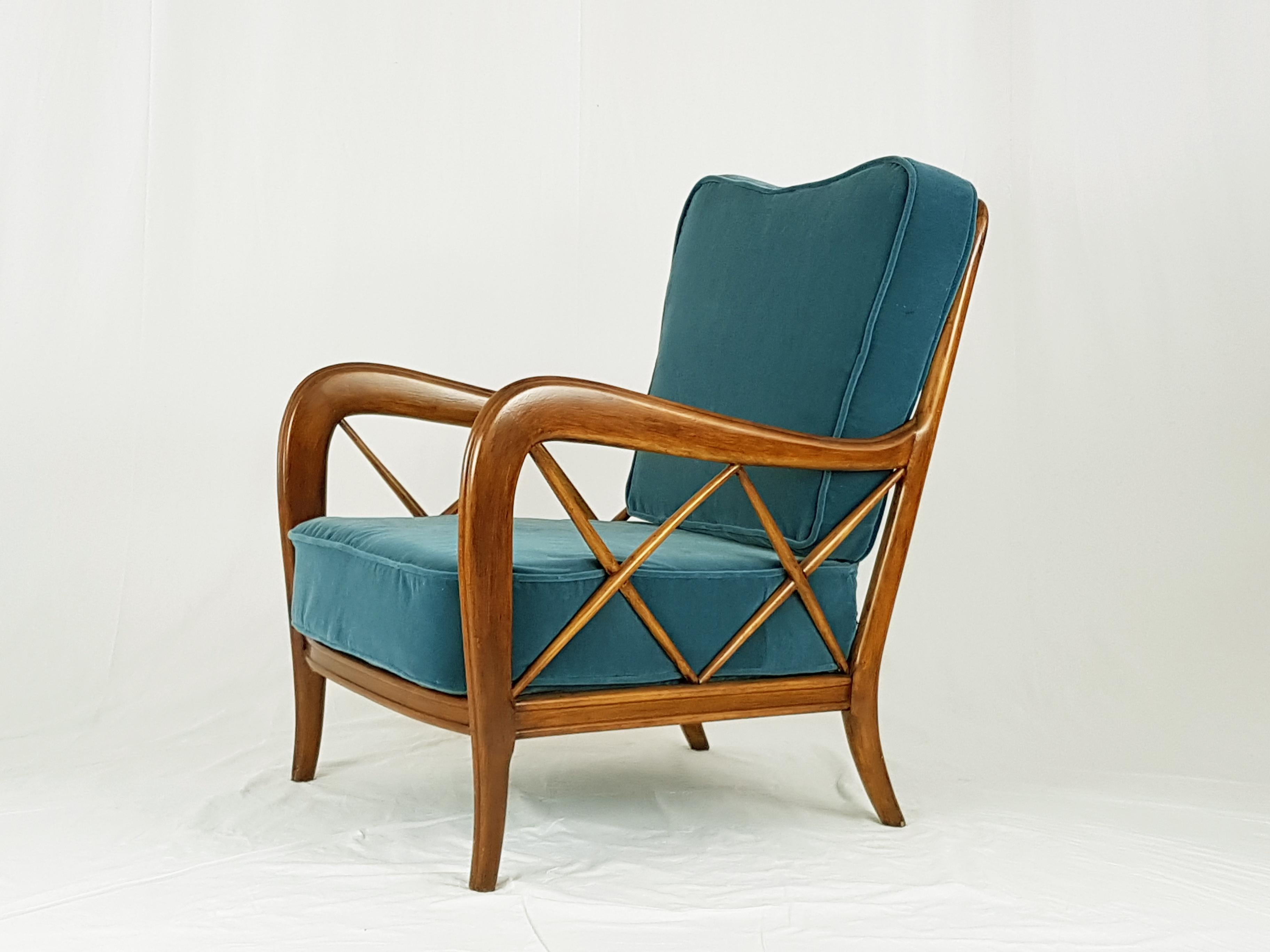 Italian Wooden & Mid Blue Velvet 1940s Armchair Attributed to Paolo Buffa 2