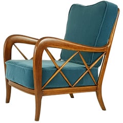 Italian Wooden & Mid Blue Velvet 1940s Armchair Attributed to Paolo Buffa