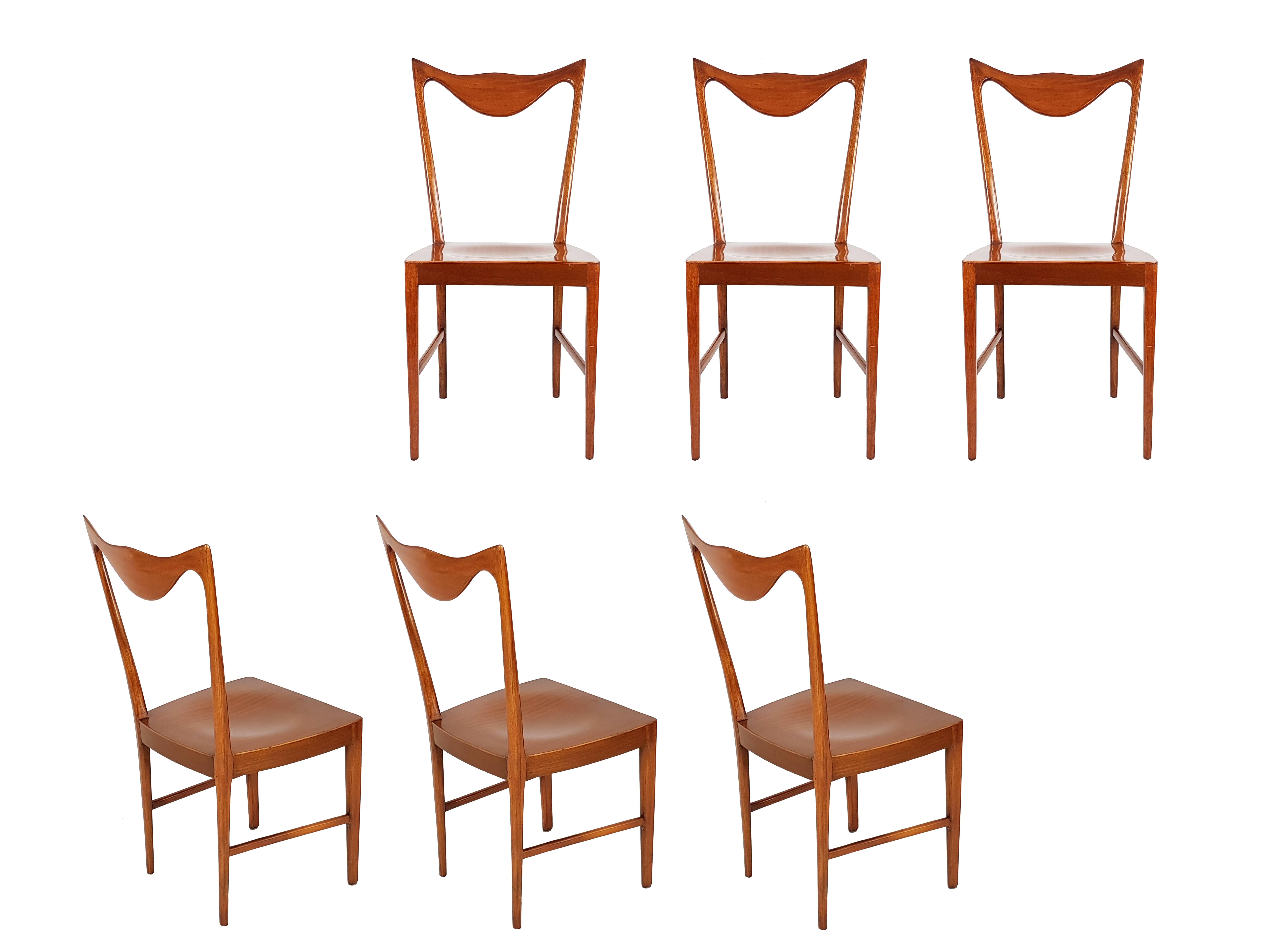 Italian Wooden Midcentury Dining Chairs with Sculptural Backrest, Set of Six 5