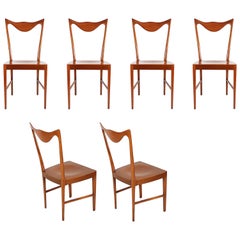 Italian Wooden Midcentury Dining Chairs with Sculptural Backrest, Set of Six