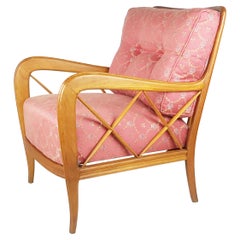 Italian Wooden & Pink Salmon Fabric 1940s Armchair Attributed to Paolo Buffa