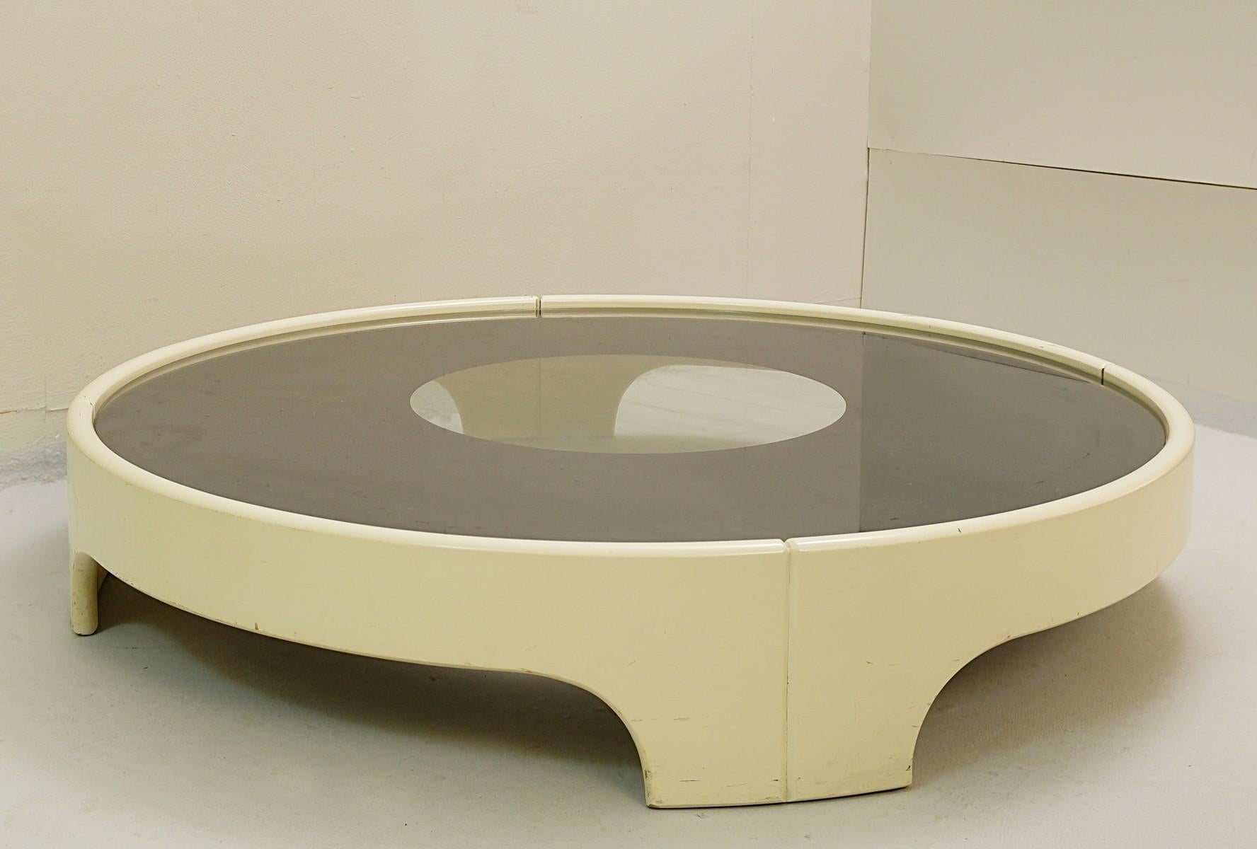 Mid-Century Modern Italian Wooden Round Coffee Table with Glass Silvered Top by Tito Agnoli