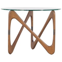 Italian Wooden Round Side Table with Glass Top and Brass Fittings, 1960s