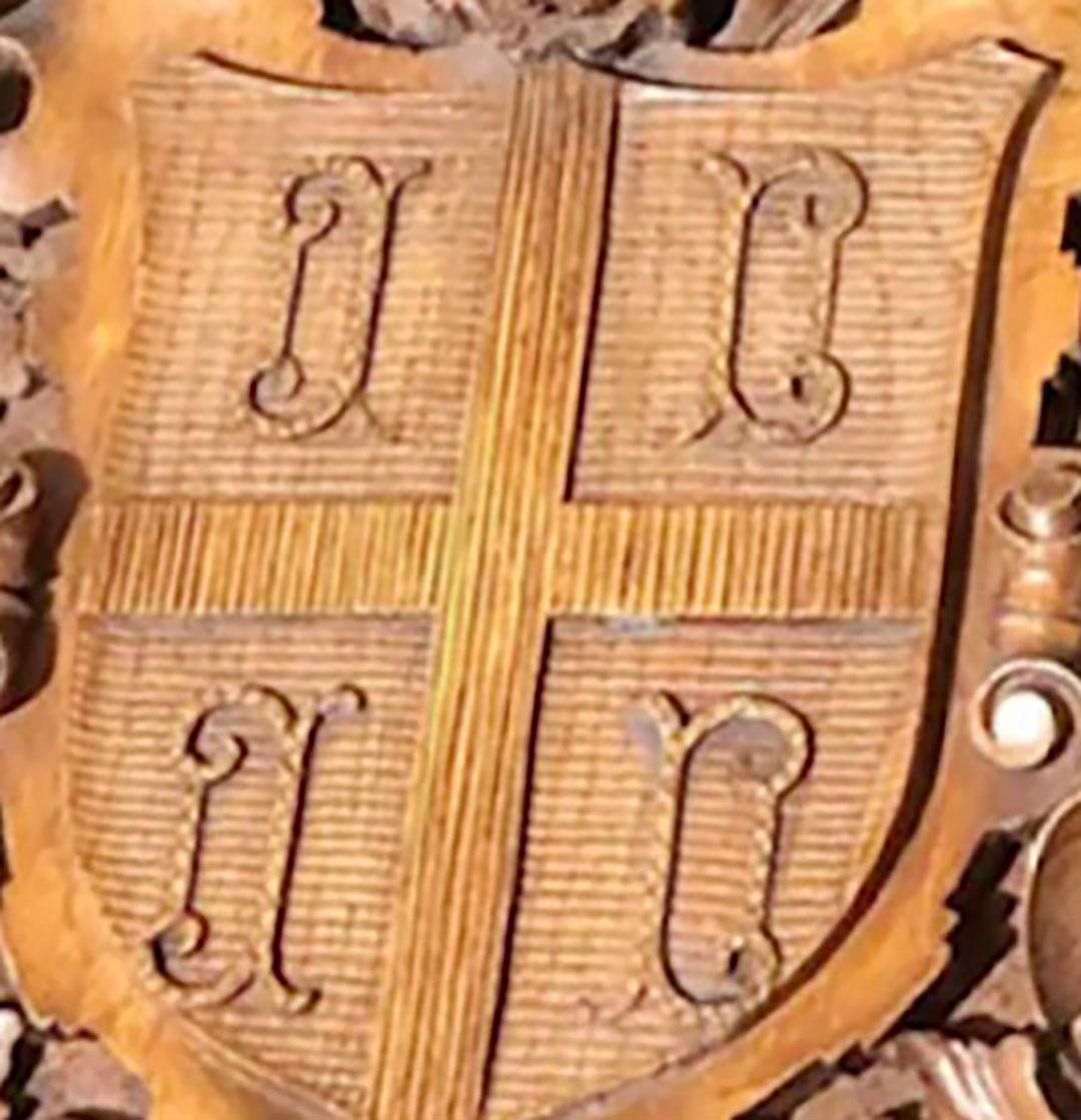 Late 19th Century Carved Wooden Shield With Knight and Heraldic Carvings For Sale