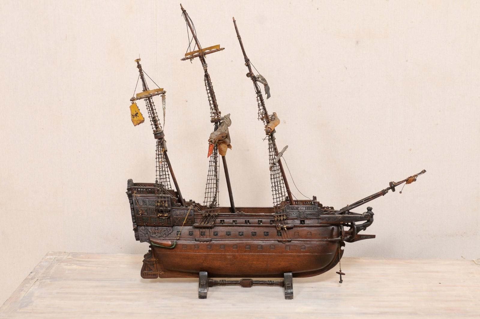 Italian Wooden Ship Model of a 15th/16th C. Galleon, Tall Ship, 3-Masat Schooner For Sale 3