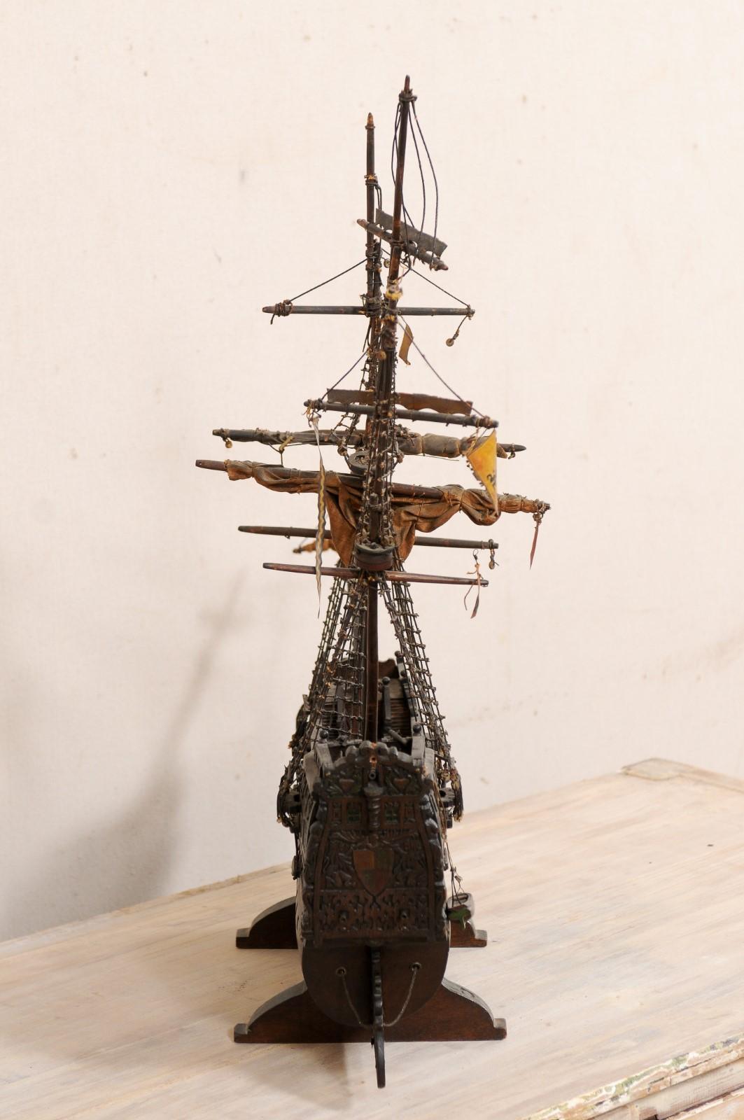Italian Wooden Ship Model of a 15th/16th C. Galleon, Tall Ship, 3-Masat Schooner For Sale 4