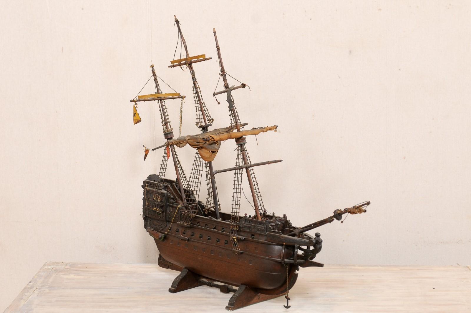 20th Century Italian Wooden Ship Model of a 15th/16th C. Galleon, Tall Ship, 3-Masat Schooner For Sale
