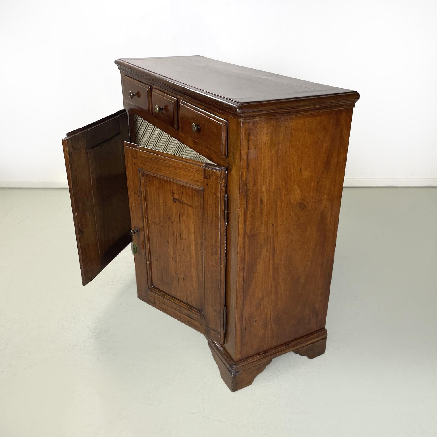 Brass Italian wooden sideboard with three drawers and two doors, 1900s For Sale