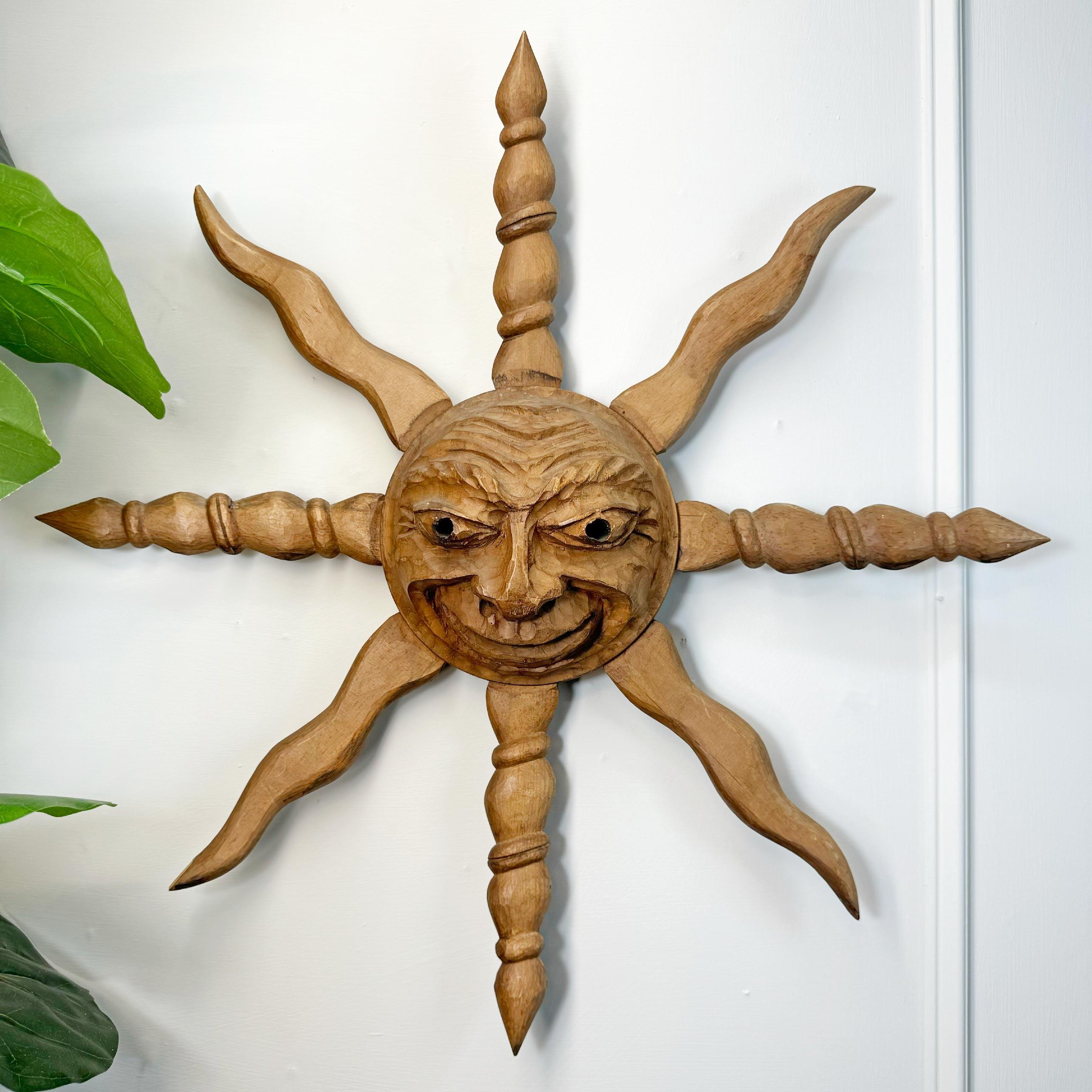 Hand-Carved Italian Wooden Sun Face Mask Carving by Hermann Reichegger For Sale