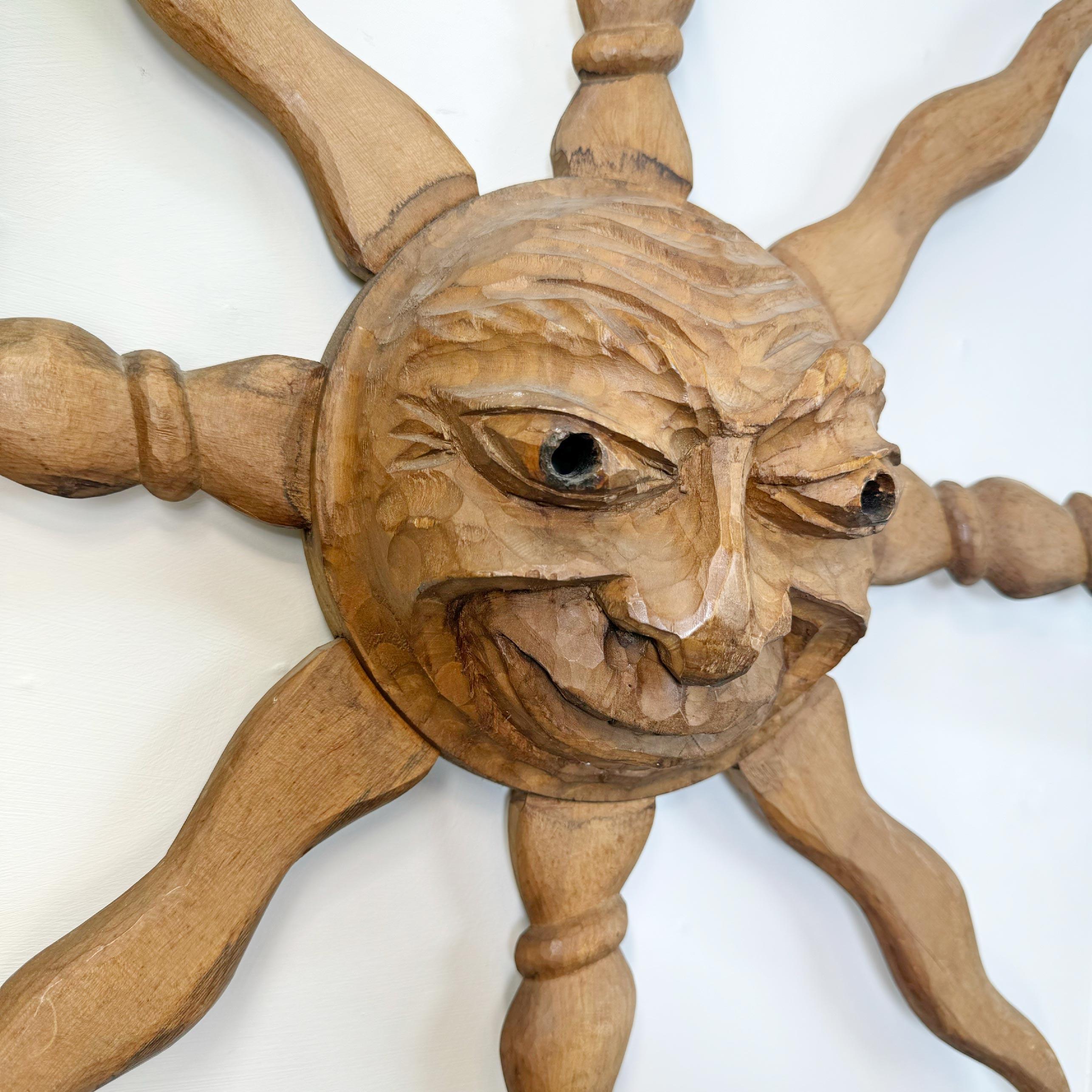 Italian Wooden Sun Face Mask Carving by Hermann Reichegger In Good Condition For Sale In Hastings, GB