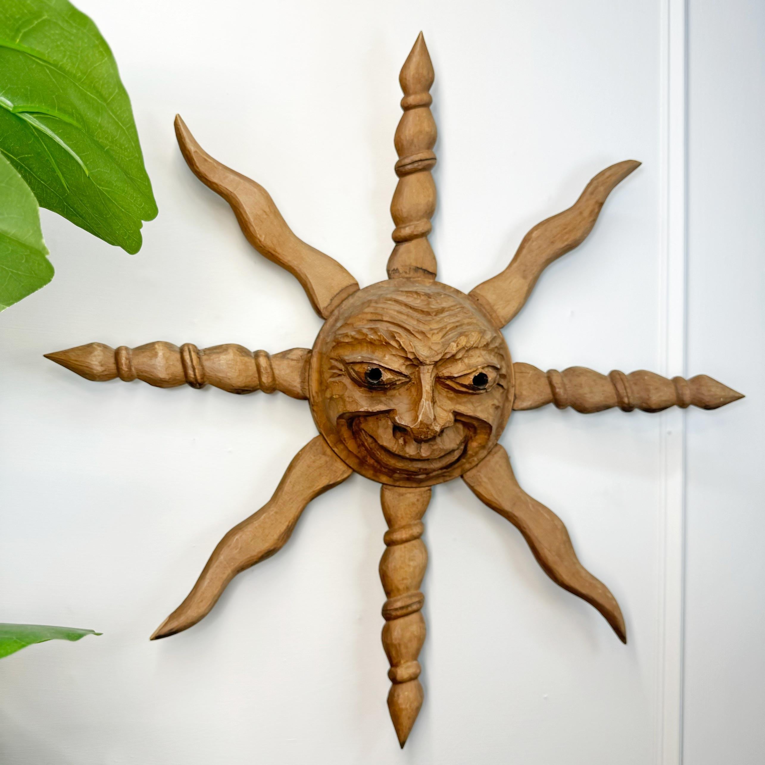 Pine Italian Wooden Sun Face Mask Carving by Hermann Reichegger For Sale