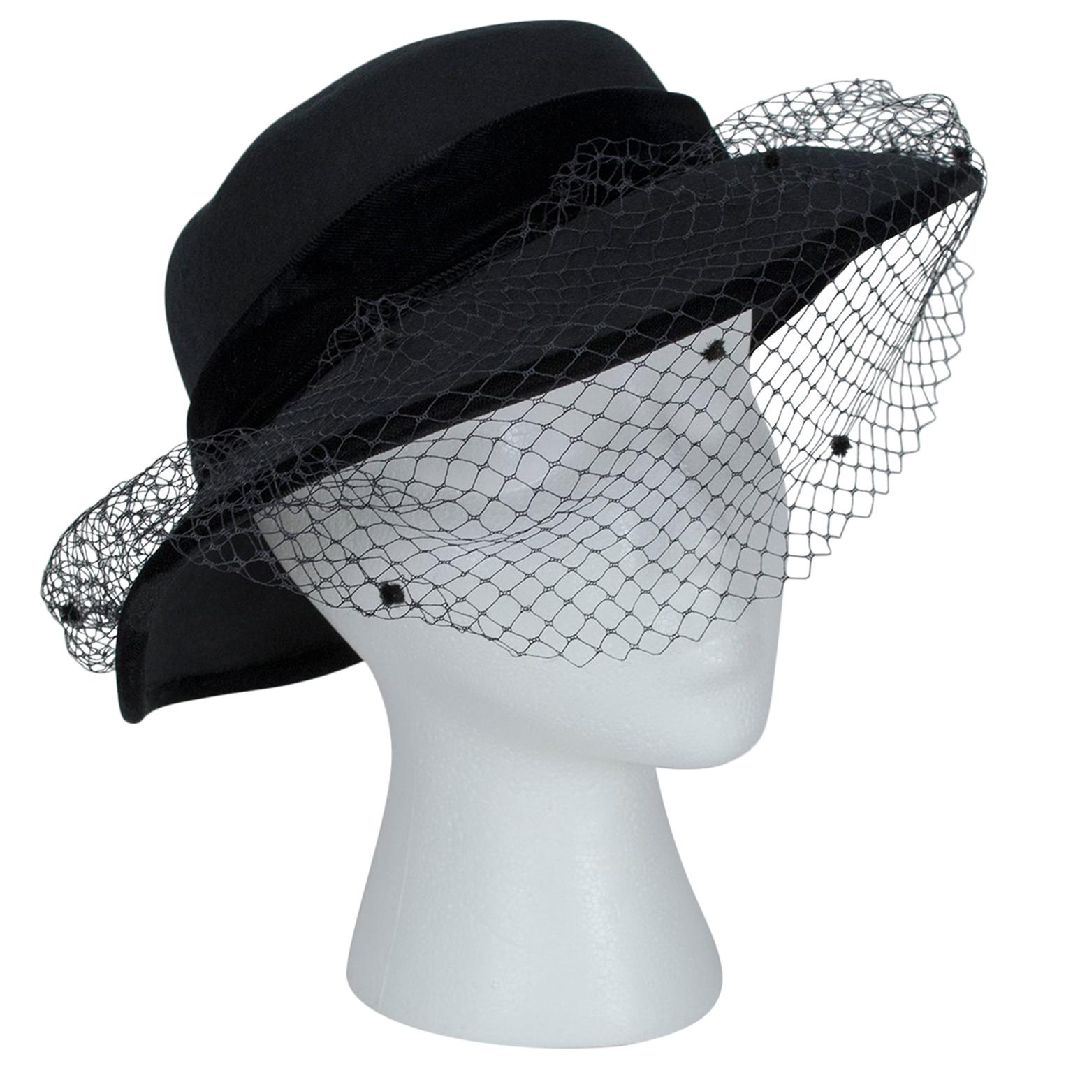 Italian Wool Mourning Funeral Hat with Dotted Veil, 1970s