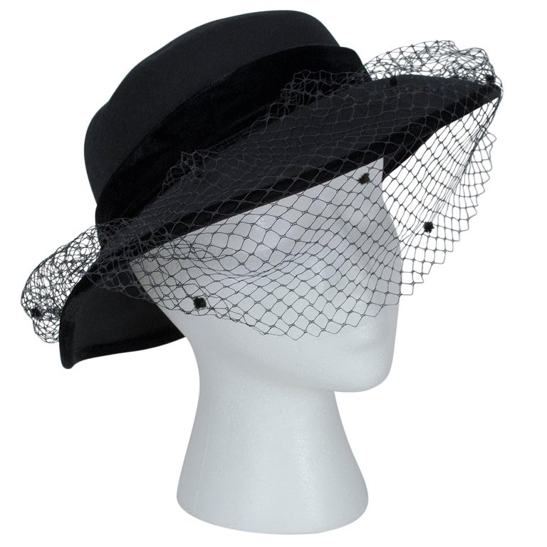 Italian Wool Mourning Funeral Hat with Dotted Veil, 1970s at 1stDibs