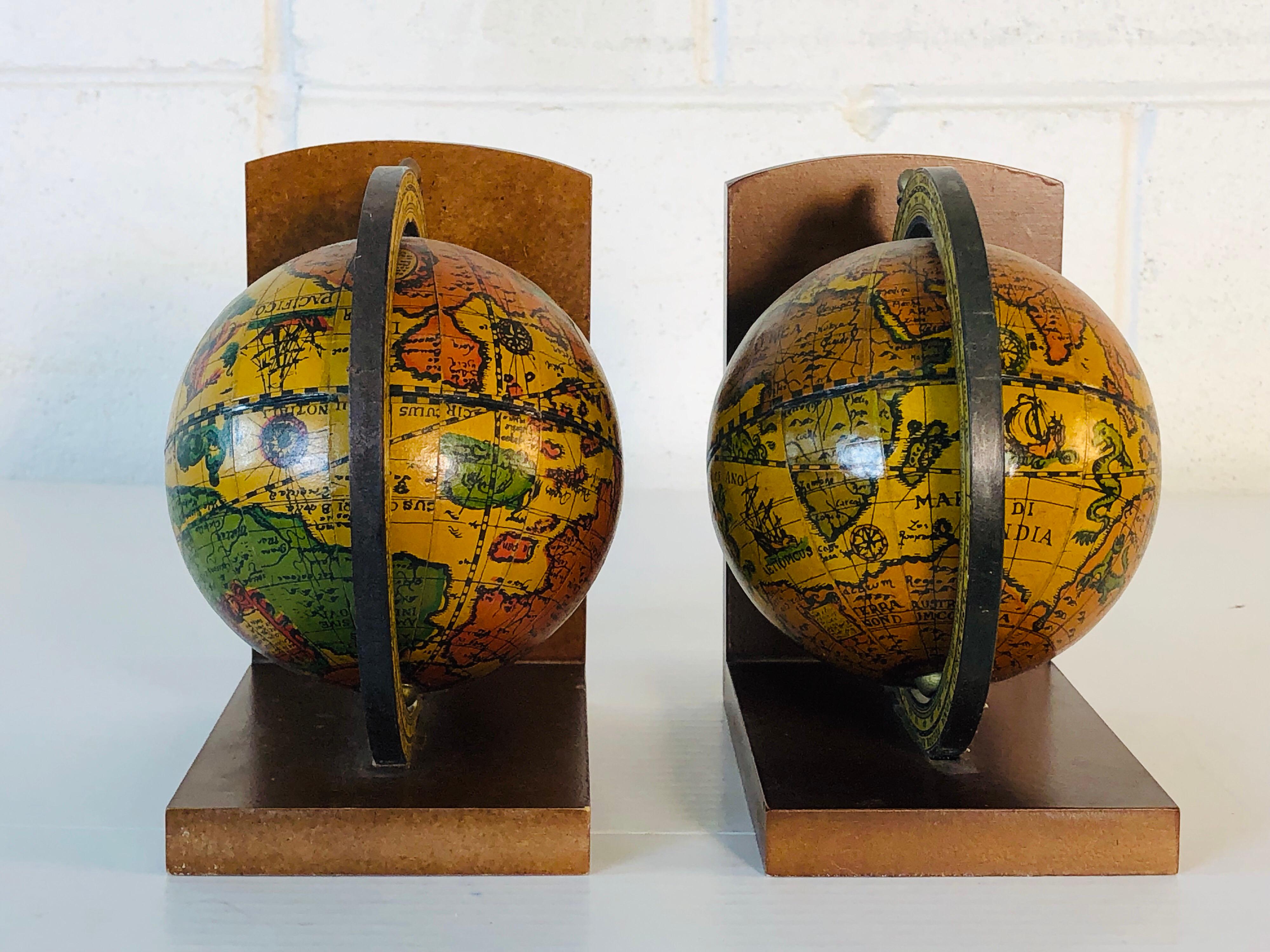 Italian World Globe Wood Bookends, Pair 1
