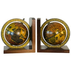 Italian World Globe Wood Bookends, Pair